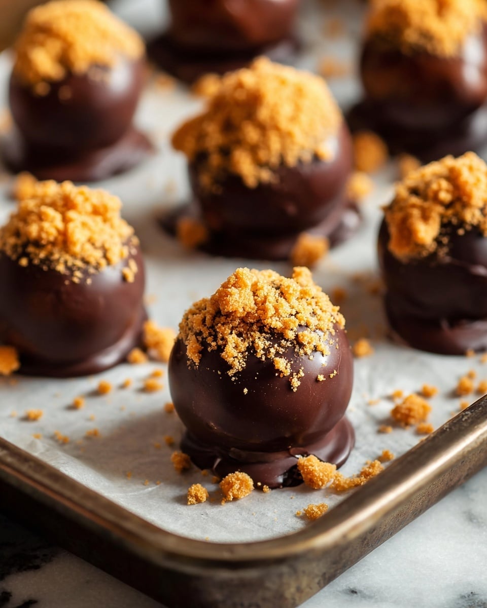 The image shows several round chocolate balls placed on white parchment paper inside a metal tray. Each ball has a smooth, shiny dark brown chocolate coating on the bottom two-thirds, while the top one-third is covered with rough, golden-brown crumbly pieces. The chocolate coating drips slightly at the base, creating small uneven blobs. The balls are arranged in rows, with some in focus and others blurred in the background, all resting on a white marbled surface. photo taken with an iphone --ar 4:5 --v 7