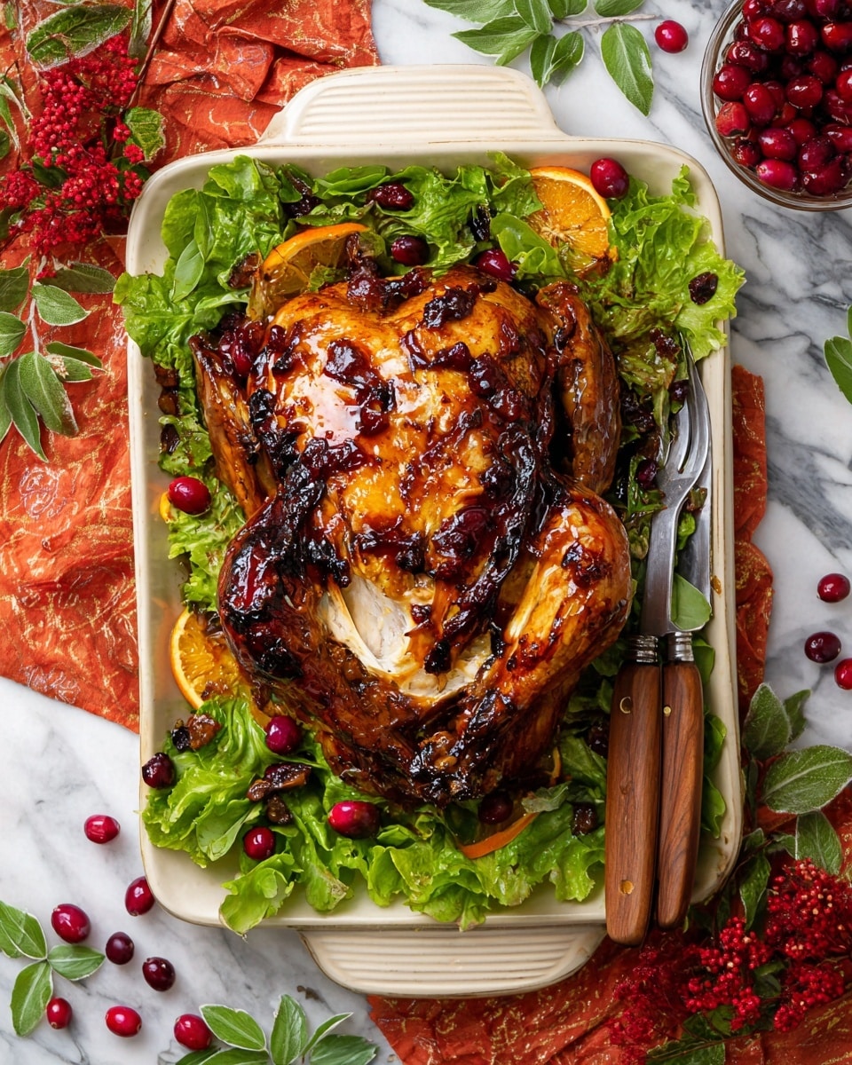 A whole roasted chicken sits in the center of a white rectangular dish with rounded edges, resting on a bed of fresh green leafy lettuce that fills the bottom layer. The chicken is dark golden brown with a shiny glaze and some darker charred spots, and the top is slightly pulled apart to show moist white meat underneath. Scattered on and around the chicken are deep red cranberries and some small dark raisins or nuts that add texture and color contrast. Around the plate, there are a few roasted orange slices and more lettuce leaves peeking out. A silver carving fork with a wooden handle leans on the side of the dish. The dish is placed on a white marbled surface with bright red cranberries, green leaves, and an orange cloth as decoration nearby. Photo taken with an iphone --ar 4:5 --v 7