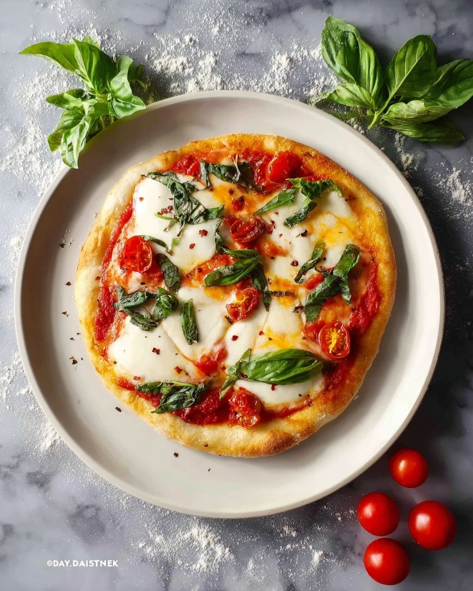 A round pizza base with slightly uneven edges sits on a white plate, spread with a bright red tomato sauce layer covering most of the dough but leaving an edge rim visible; on top, four roughly oval slices of white mozzarella cheese are placed, spaced evenly over the sauce. The plate rests on a white marbled surface sprinkled with some flour, and fresh green basil leaves and small shiny red cherry tomatoes are scattered nearby. photo taken with an iphone --ar 4:5 --v 7