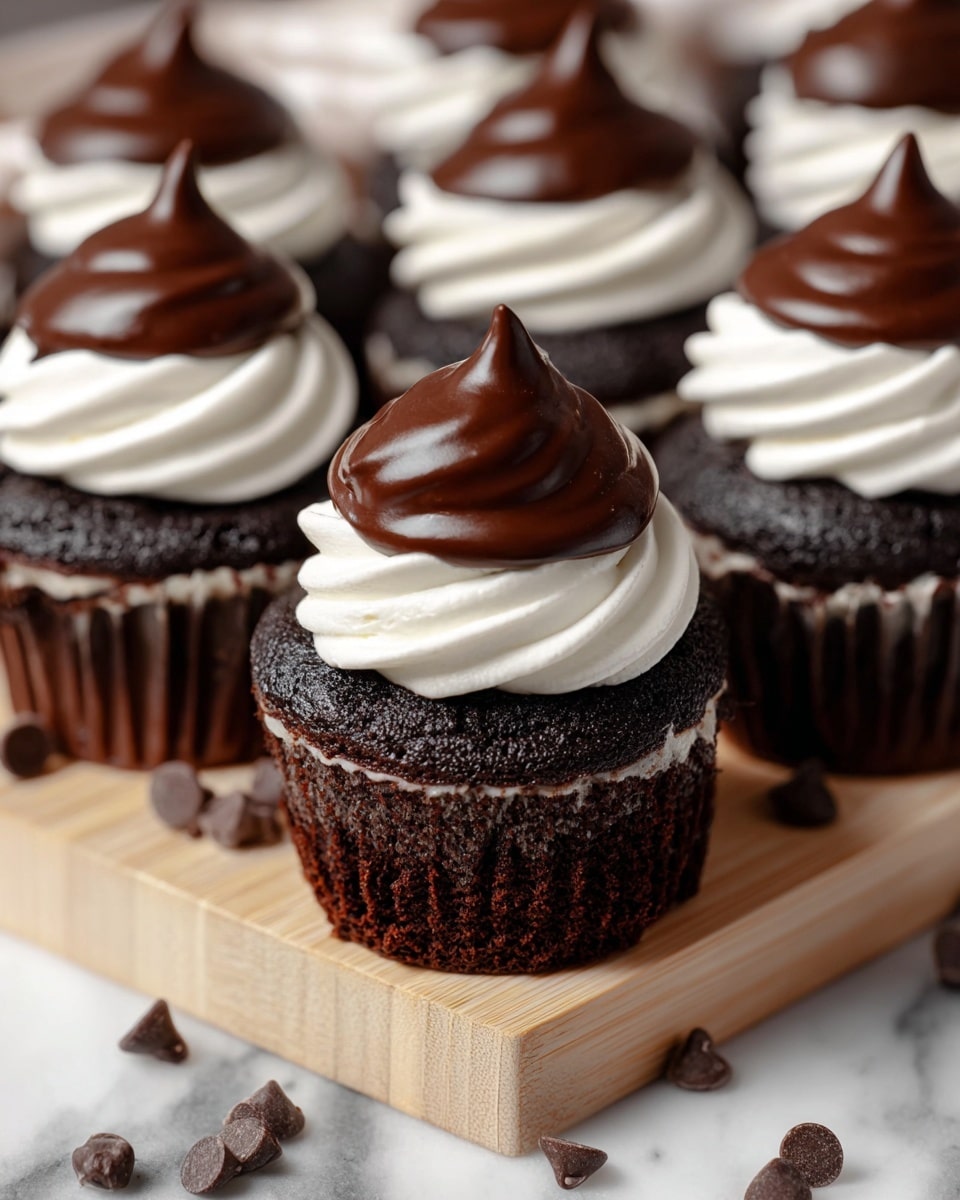 The image shows several chocolate cupcakes arranged on a light wooden board, placed on a white marbled surface. Each cupcake has three clear layers: a dark, rich chocolate base with a moist and slightly rough texture; a smooth, white cream layer that swirls evenly on top; and a shiny dark chocolate coating shaped like a soft peak covering the cream, creating a glossy, smooth finish. Scattered chocolate chips around the cupcakes add extra texture and depth to the scene. The close-up view captures the detailed texture of both the cake and the chocolate, making the cupcakes look rich and inviting. photo taken with an iphone --ar 4:5 --v 7