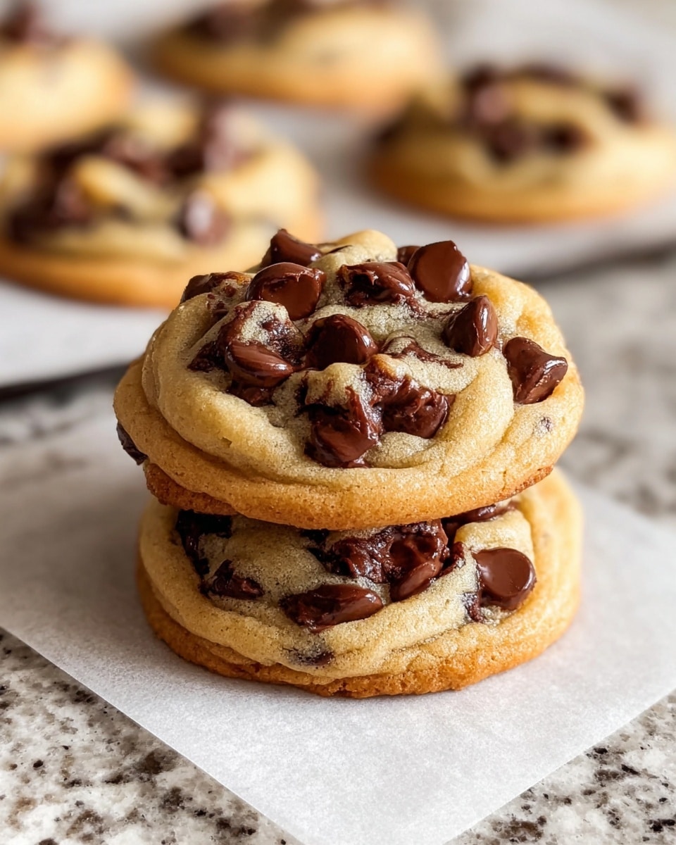 The image shows a stack of two thick, soft chocolate chip cookies on a piece of white parchment paper placed on a white marbled texture surface. Each cookie has a golden-brown base with a slightly lighter, chewy top layer generously studded with glossy, dark chocolate chips that slightly melt into the dough. Behind the stack, two more cookies are partly visible, lying flat on the parchment paper, showing the same texture and color contrast. The overall mood is warm and homemade, with a close-up focus on the rich texture and chocolate chips. photo taken with an iphone --ar 4:5 --v 7