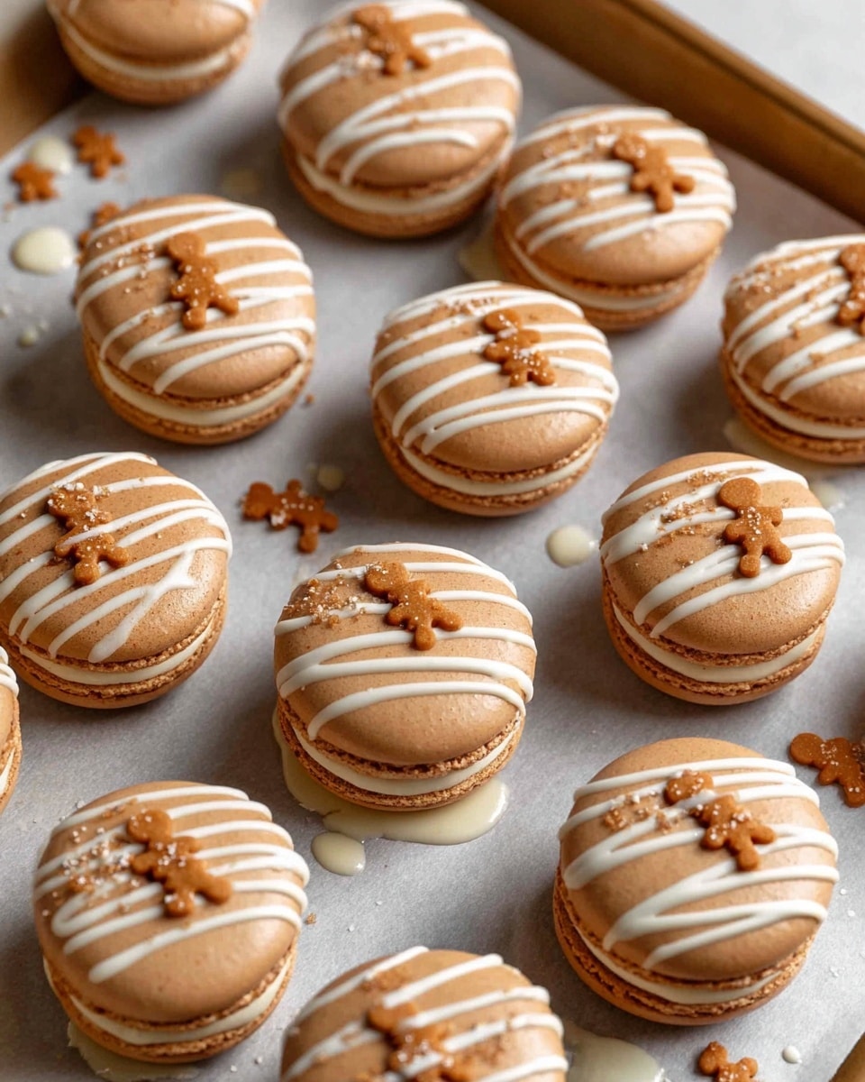The image shows a baking tray with a white marbled texture underneath, holding about fifteen round, smooth macarons. Each macaron has a light brown shell with a soft sheen and a visible thin layer of cream filling in the middle. They are decorated with three thin, diagonal white icing stripes on top, with small brown gingerbread man-shaped sprinkles scattered across the stripes. The macarons are arranged closely but not touching, and some white icing has dripped slightly on the parchment paper beneath. photo taken with an iphone --ar 4:5 --v 7
