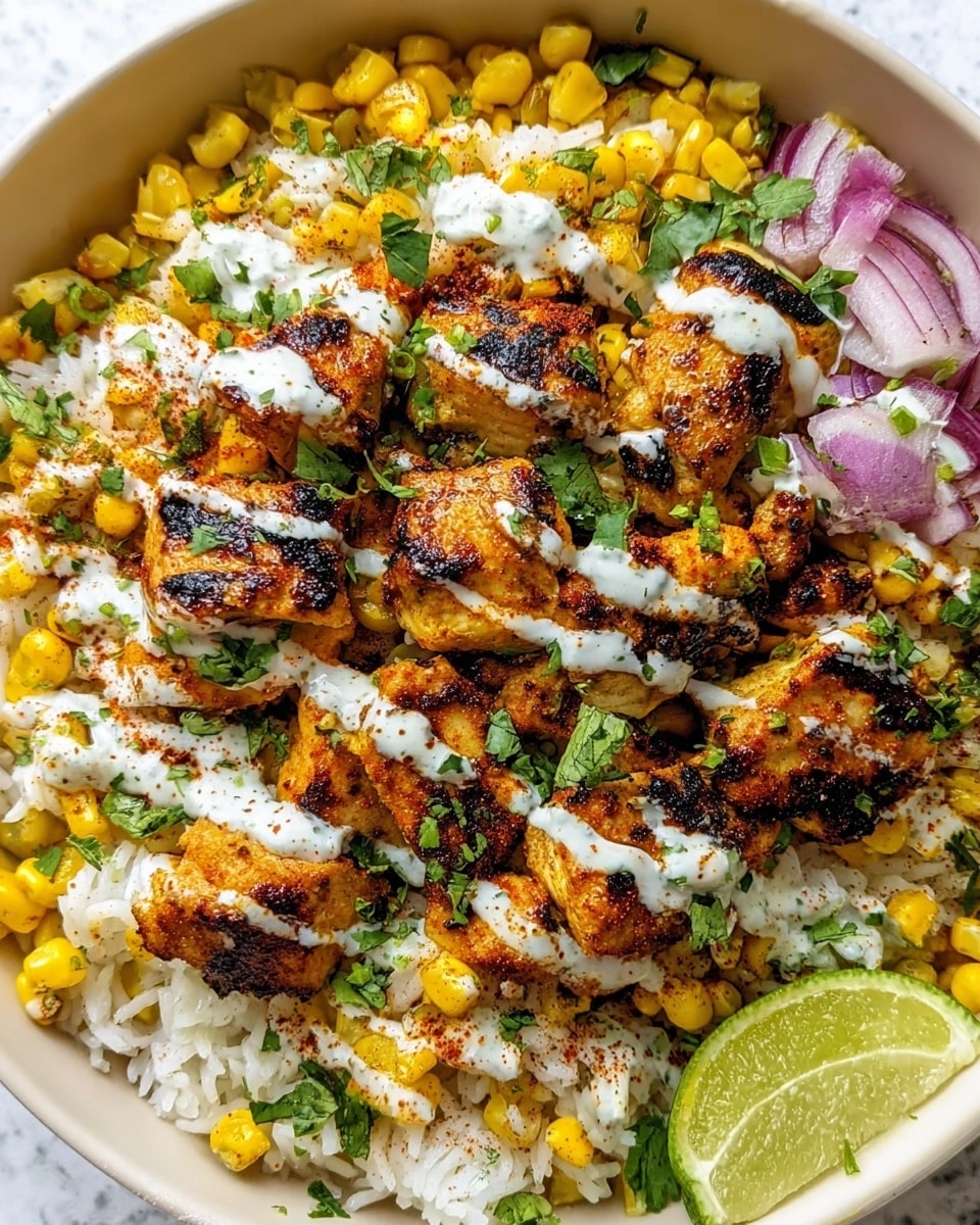 A wooden bowl holds a layered dish starting with a base of white rice mixed with bright yellow corn kernels, small pieces of purple onion, and scattered green herbs. On top, there are several pieces of grilled chicken with a rich, dark orange spice coating, some edges charred and crispy. The chicken is drizzled with a creamy white sauce which contrasts with the spices and adds a smooth texture. Fresh green herbs are sprinkled over the dish, adding a fresh touch. In the background, folded flatbreads are visible on a white marbled surface. photo taken with an iphone --ar 4:5 --v 7
