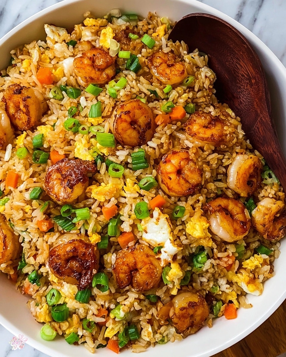 A close-up of a white bowl filled with shrimp fried rice, showing a mix of golden-brown cooked rice with small bright orange carrot cubes, yellow scrambled egg pieces, and green chopped scallions all mixed evenly. The shrimp are seared to a golden caramel color and scattered throughout the rice, adding a textured contrast with their slightly crispy edges. On the right side of the bowl is a dark wooden spoon partially submerged in the rice. The bowl sits on a white marbled surface. photo taken with an iphone --ar 4:5 --v 7