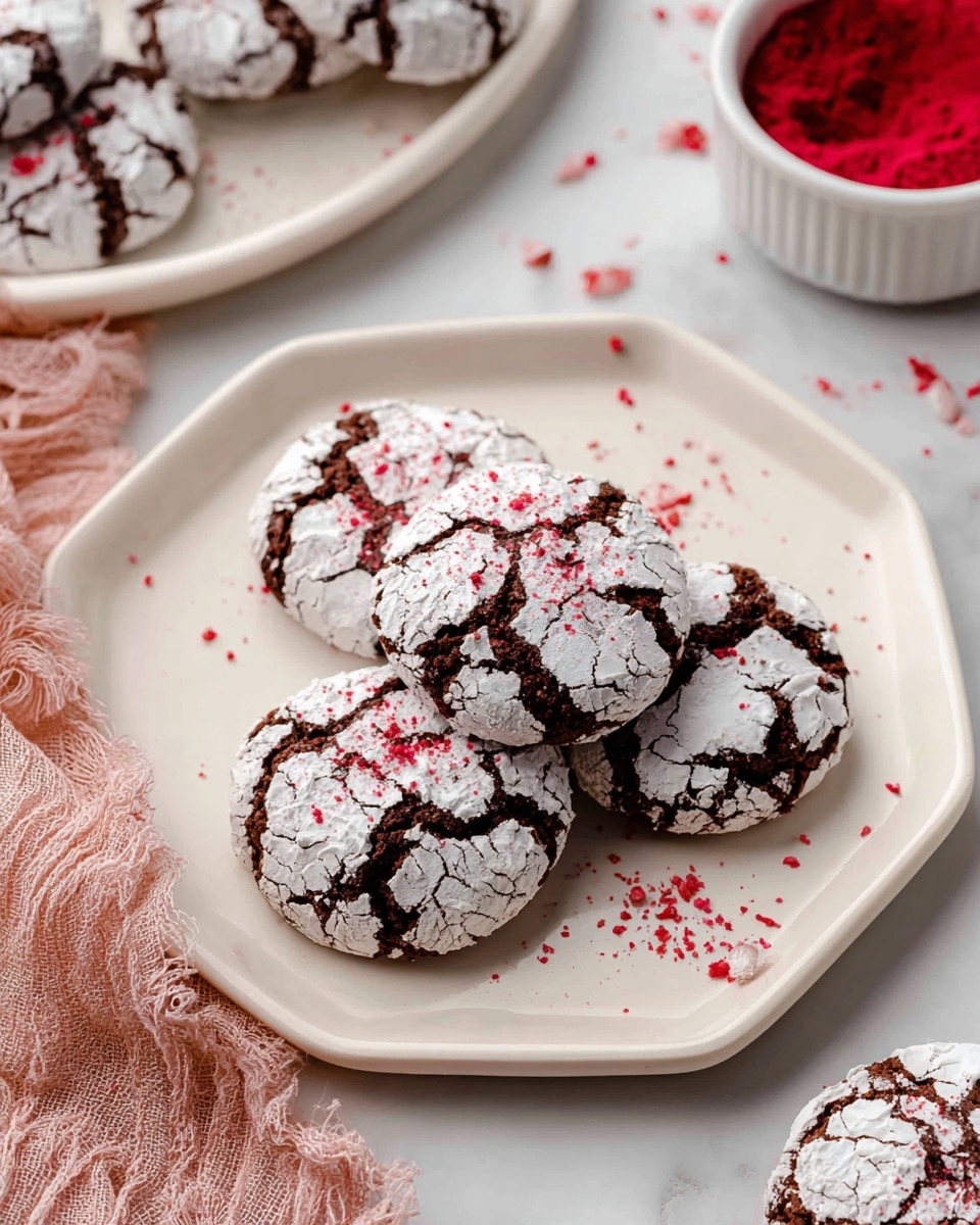 A white octagonal plate holds four round chocolate crinkle cookies, each one covered in a cracked layer of white powdered sugar with small red specks sprinkled on top. The rich dark brown cookie beneath is visible through the cracks in the powdered sugar. Some cookie crumbs lay on the plate. Around the plate, more cookies and a white bowl filled with bright red powder sit on a white marbled surface. A textured pink cloth is placed in the top left corner. Photo taken with an iphone --ar 4:5 --v 7