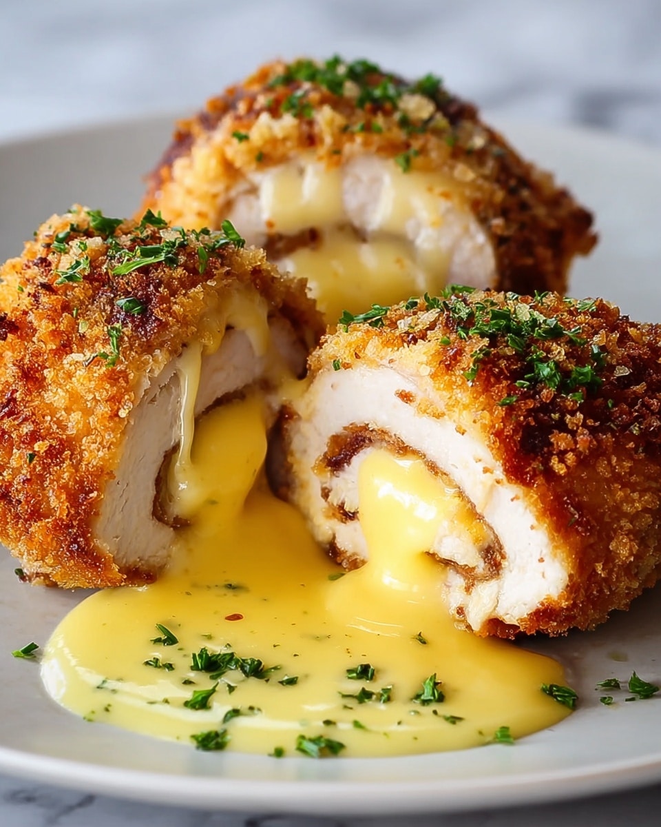 The image shows two breaded chicken rolls placed on a white plate with a white marbled texture background. Each chicken roll is golden brown and crispy on the outside, with the breading textured and slightly rough. The chicken is sliced open to reveal multiple layers of white meat wrapped around a melted yellow cheese center that is oozing out. A creamy yellow sauce is poured over the chicken rolls and pooled on the plate beneath them. Small green parsley pieces are sprinkled on top and around the sauce, adding a pop of color. Photo taken with an iphone --ar 4:5 --v 7