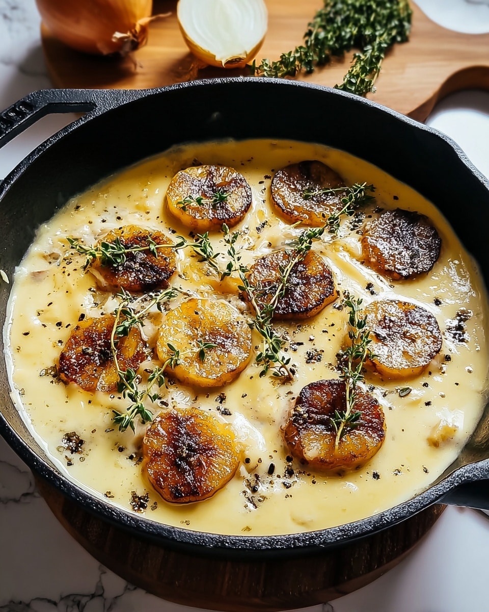 A black cast iron pan filled with a creamy light yellow sauce topped with eight round slices of browned and caramelized plantains arranged evenly on the surface. Small sprigs of fresh green thyme and tiny black pepper specks are scattered across the sauce, adding texture and color. The pan rests on a white marbled surface with a wooden board holding a cut onion and some green herbs in the background. Photo taken with an iphone --ar 4:5 --v 7