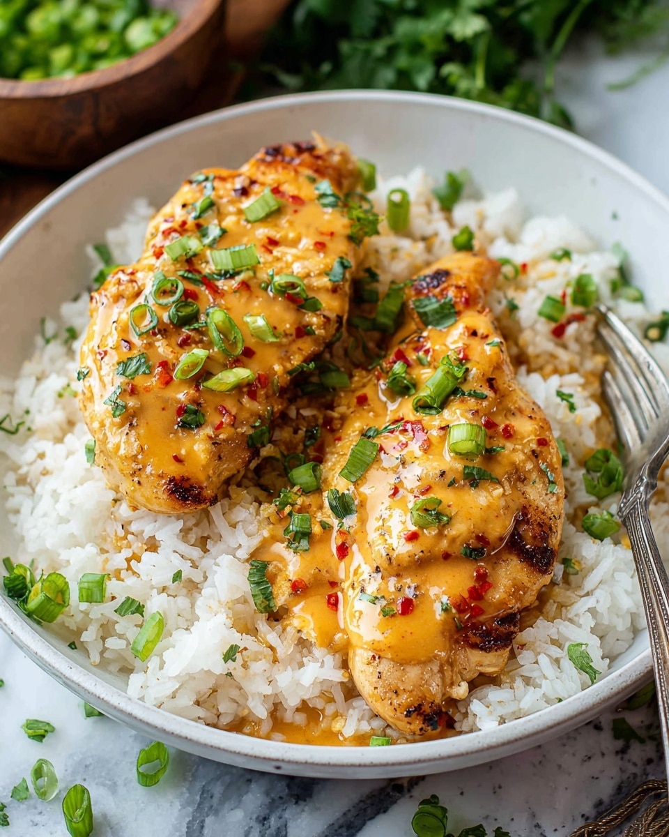 The dish shows two pieces of grilled chicken placed on a bed of white rice on a white plate; the chicken is golden brown with a slightly crispy texture and is covered with an orange creamy sauce that has small red chili flakes. The chicken is garnished with chopped green onions and herbs, adding splashes of green on top. The rice looks fluffy with separate grains, and some green onion pieces are scattered around the plate edge. The background features a white marbled texture and some blurred green herbs, with a silver fork placed near the bottom right of the plate. Photo taken with an iphone --ar 4:5 --v 7