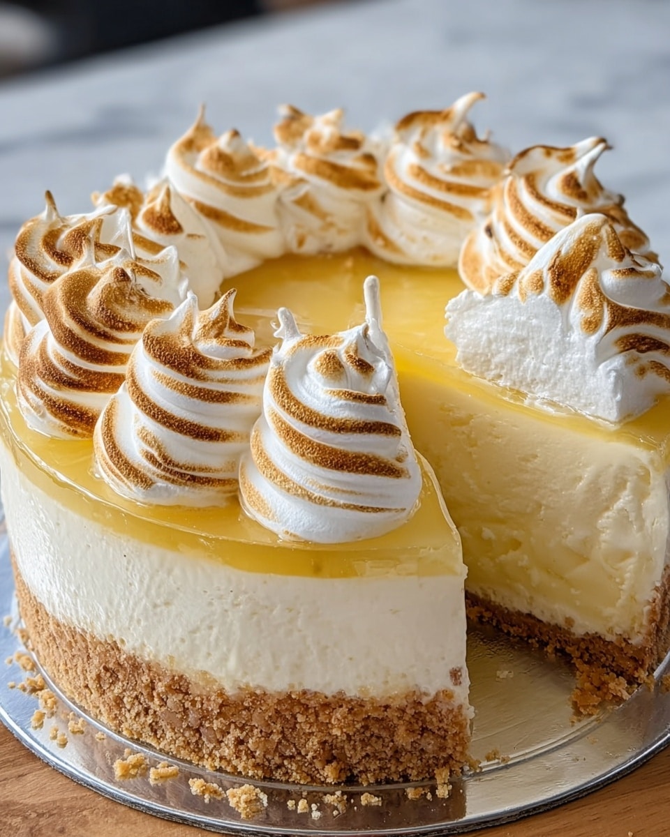 This image shows a round cake with three clear layers. The bottom layer is a crumbly, light brown crust. Above that is a thick, creamy white layer that looks smooth and soft. The top layer is a shiny, pale yellow glaze. On top of the cake are large swirls of white meringue with golden-brown toasted tips all around the edge. One part of the cake has a section missing, revealing the inside layers. The cake sits on a silver base placed on a white marbled surface. Photo taken with an iphone --ar 4:5 --v 7