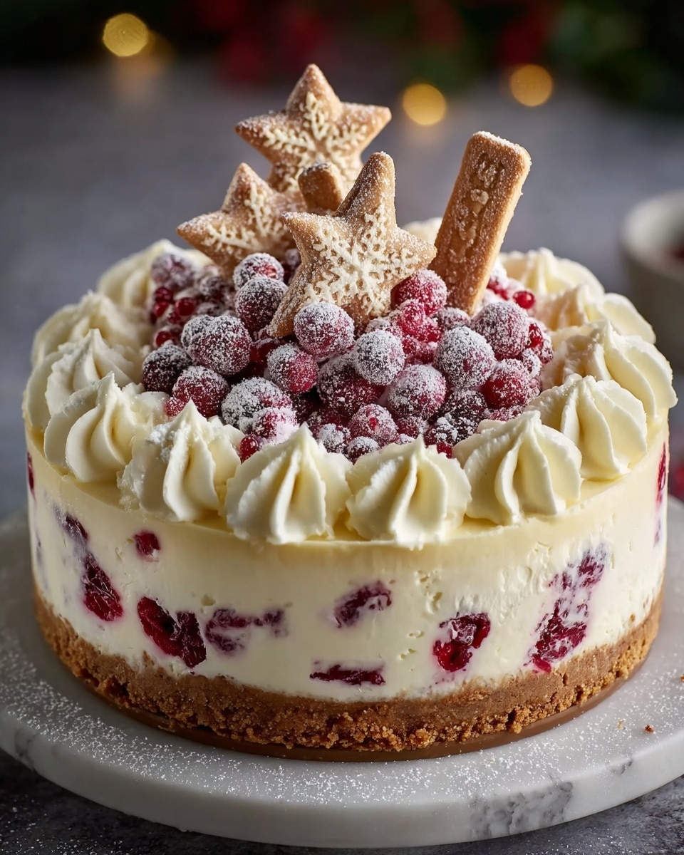 This is a round cheesecake with three main layers on a white marbled textured surface. The bottom layer is a crumbly light brown crust. Above it is a thick creamy white cheese layer mixed with bright red berry pieces scattered inside. The top layer has thick creamy swirls around the edge in a circle. In the center, a pile of whole red berries is dusted with white powdered sugar. Two star-shaped cookies and two stick cookies, also dusted with powdered sugar, stand upright in the middle of the berries. The cake sits on a dark round pedestal stand with powdered sugar sprinkled around it. The background has festive green leaves and red berries slightly blurry. Photo taken with an iphone --ar 4:5 --v 7