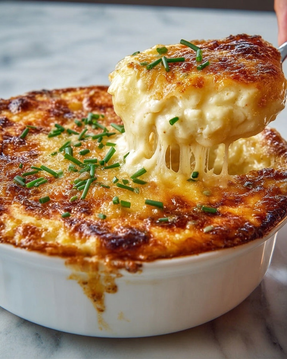 A white ceramic dish filled with a baked cheesy casserole featuring a thick, golden-brown crust on top with small bubbles and toasted spots, garnished with fresh green chives scattered across the surface; a woman's hand is lifting a cheesy, gooey portion from the dish, showing layers of creamy, melted cheese stretching with a smooth, rich texture underneath the crust. The dish sits on a white marbled surface. photo taken with an iphone --ar 4:5 --v 7