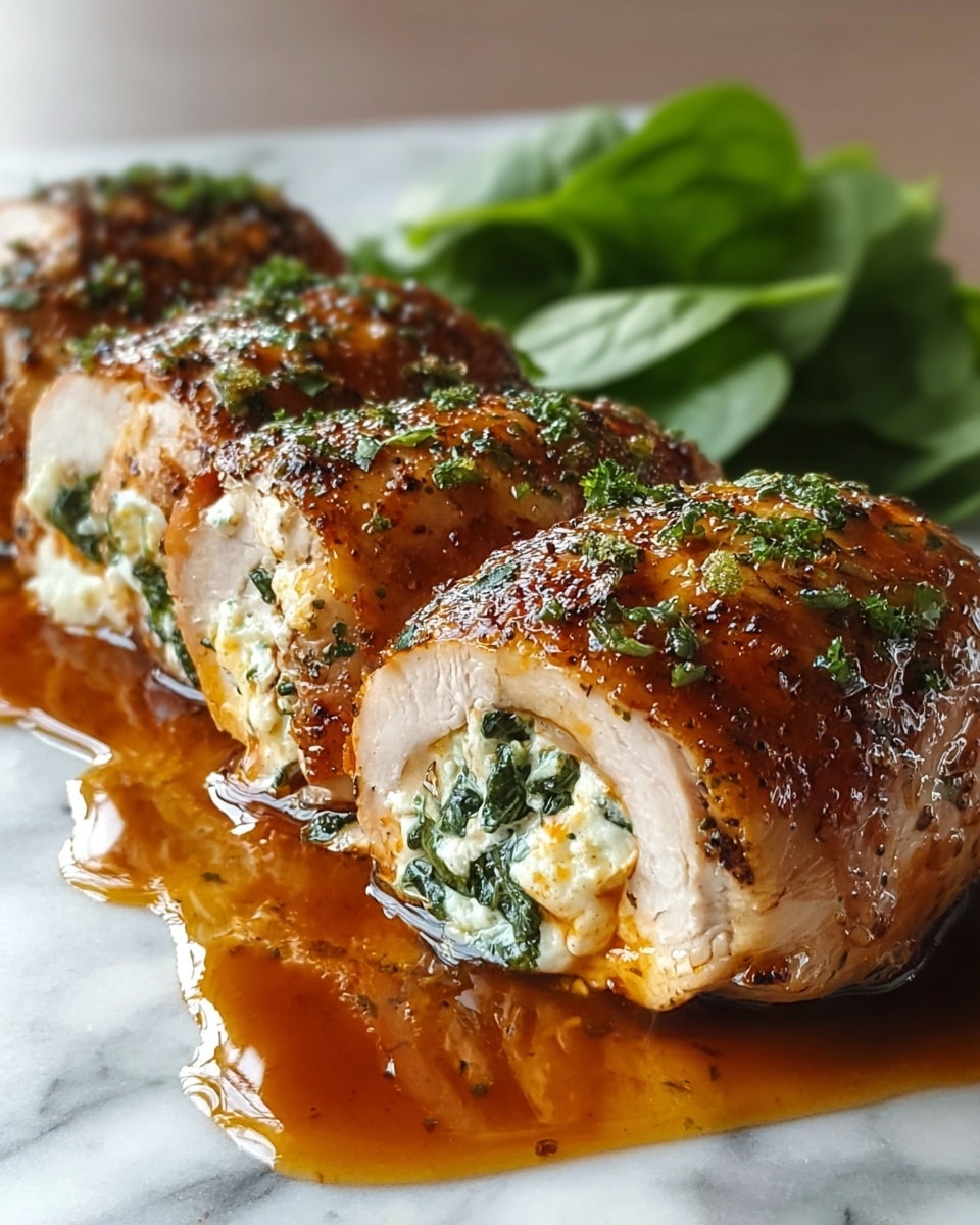 The image shows four stuffed chicken rolls placed closely together on a white marbled surface. Each roll is wrapped in cooked chicken meat, browned and crispy on the outside with a seasoning crust that has green herbs visibly sprinkled on top. Inside, the rolls are filled with a creamy mixture of white cheese and chopped green spinach, visible where one roll is cut open at the front. The rolls are coated with a shiny, rich brown sauce that pools slightly around their base, adding a glossy texture. Behind the rolls, there are fresh green spinach leaves loosely arranged, adding a fresh green color contrast to the dish. photo taken with an iphone --ar 4:5 --v 7