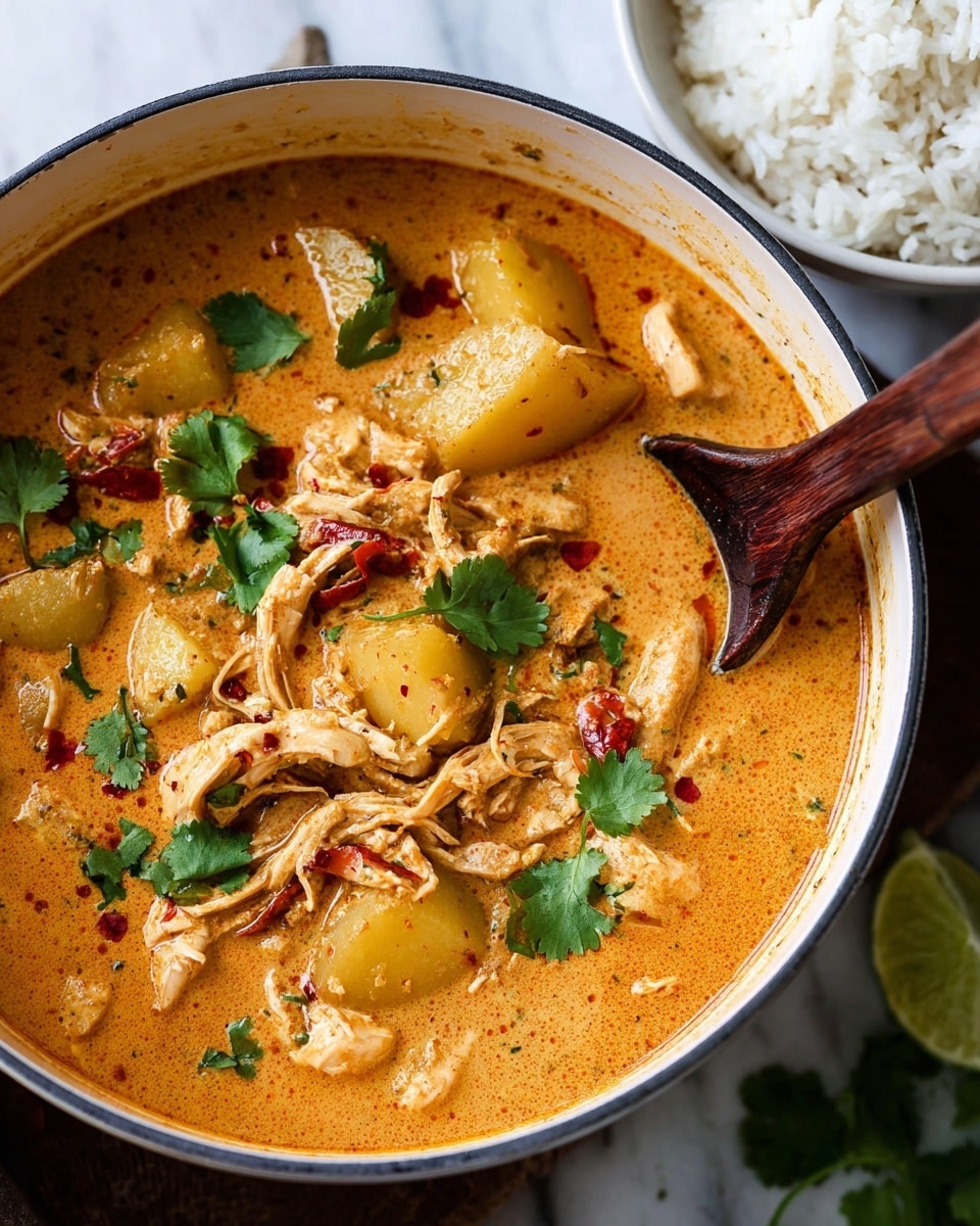 The image shows a white pot filled with a creamy orange curry that has smooth, slightly thick texture with visible small red chili flakes. Inside the curry, there are several pieces of shredded light brown chicken and large chunks of yellow potatoes with red skins. Bright green cilantro leaves are scattered on top, adding fresh color contrast. A wooden spoon with a dark, polished surface is partially submerged on the right side of the curry. In the blurred background, a white bowl full of plain white rice is visible, all set on a white marbled surface. photo taken with an iphone --ar 4:5 --v 7