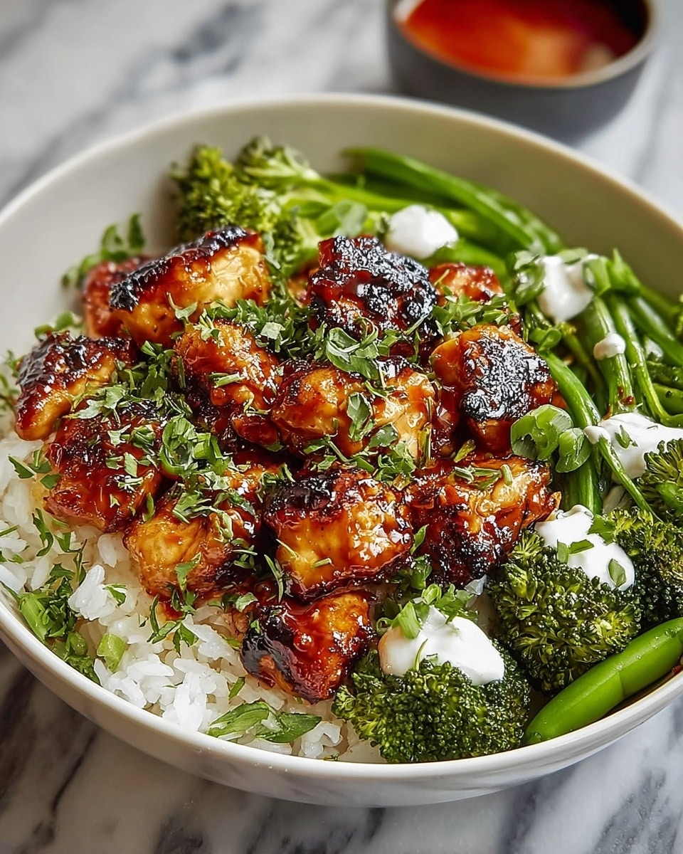 A white bowl filled with three main layers: the bottom layer is light beige quinoa with a fluffy texture, topped with bright green broccoli florets and chopped green beans on the right side, drizzled lightly with white creamy sauce, and the left and center parts are covered with golden-brown grilled chicken chunks glazed with a shiny dark orange sauce, garnished with small pieces of chopped green herbs; the bowl sits on a white marbled surface with a spoon resting on the broccoli side. photo taken with an iphone --ar 4:5 --v 7