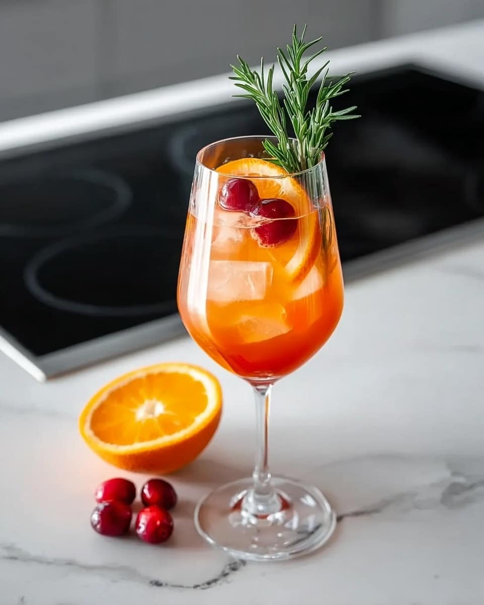 A tall clear wine glass is filled with an orange-colored drink layered with clear ice cubes floating on top. There are two bright red cherries and a thin orange slice resting on the ice, while a sprig of fresh green rosemary stands upright inside the glass. The glass is placed on a white marbled surface. Near the glass lies half of a fresh orange with its bright orange inside facing up, and a few loose cherries scattered beside it. The background shows a sleek black stove but it is out of focus. Photo taken with an iphone --ar 4:5 --v 7