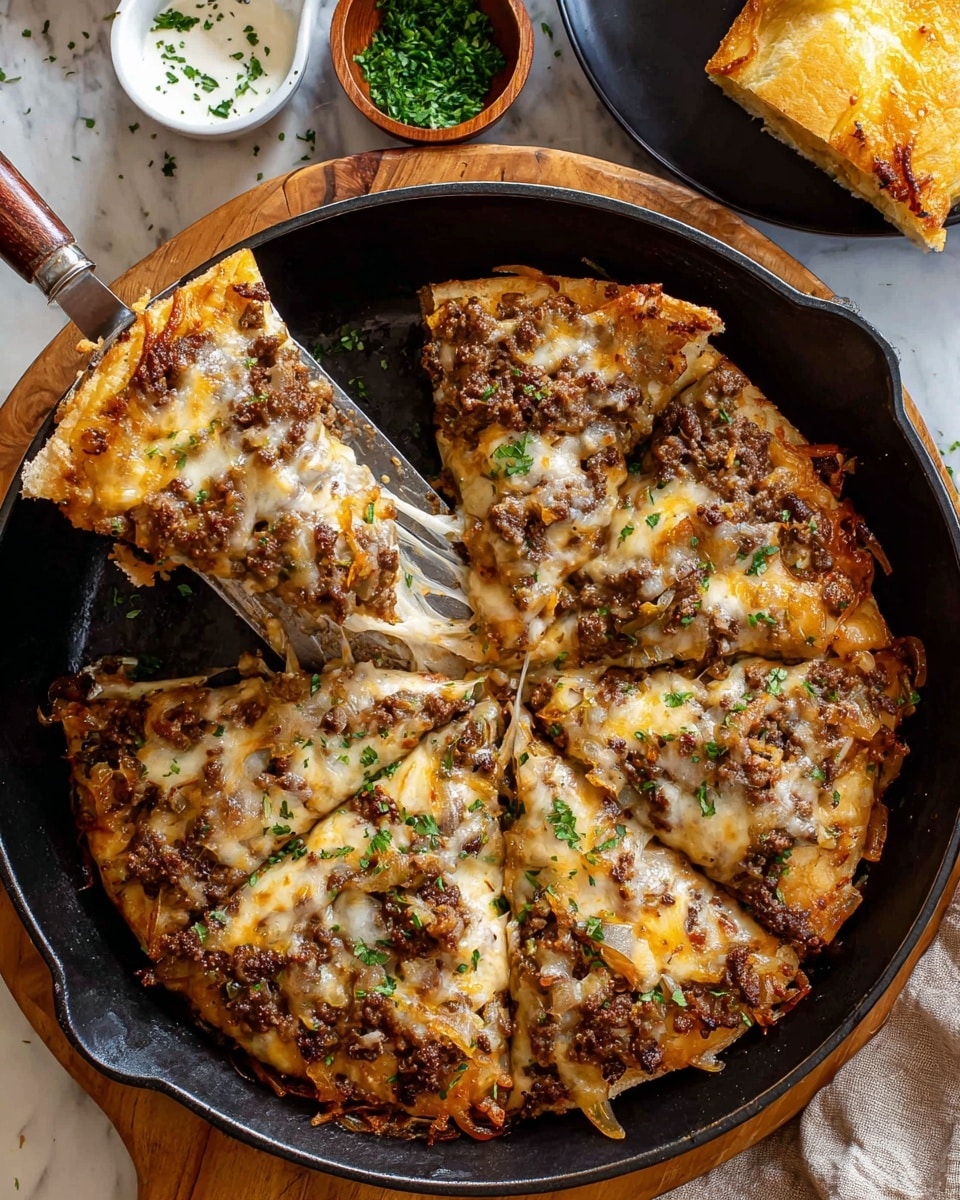 A close-up of a pizza slice being lifted from a black cast iron pan shows a thick, crispy golden-brown crust as the bottom layer, topped with a rich layer of browned ground meat mixed with melted, gooey cheese in shades of orange and white, slightly browned and bubbly on top. Bits of green herbs are scattered throughout the cheese layer, with creamy white sauce drizzled over the top, adding contrast to the warm colors. The background features the rest of the pizza in the pan resting on a white marbled texture. Photo taken with an iphone --ar 4:5 --v 7