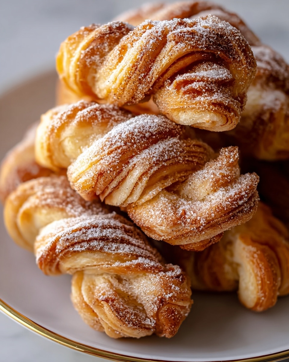 A close-up view of a pile of twisted cinnamon sugar pastries stacked on a white plate, showing three main visible layers in each pastry. The outer layer is golden brown with a rough, crispy texture coated in cinnamon sugar crystals, the middle layer is lighter golden with a flaky texture, and the inner layer is pale cream with a soft, doughy look. The pastries have a spiral shape at the ends, showing the layered folds clearly. The background is a white marbled texture, softly blurred for focus. photo taken with an iphone --ar 4:5 --v 7