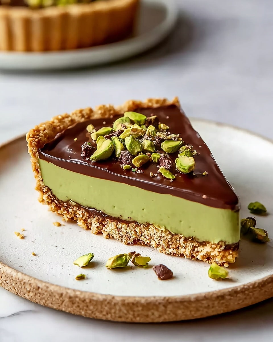 The image shows a slice of pie on a white plate with a rough beige edge. The pie has three visible layers: the bottom crust is golden brown and crunchy-looking with a slightly uneven edge, the middle layer is smooth and green, likely pistachio cream, and the top layer is a shiny, dark chocolate ganache. On top of the chocolate layer are scattered green pistachios and small brown cocoa nibs, adding texture and color contrast. The white marbled background adds a soft brightness to the scene. photo taken with an iphone --ar 4:5 --v 7