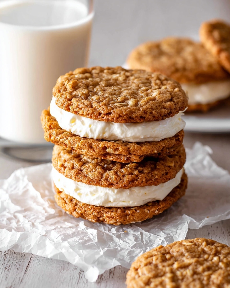 A close-up view of a stack of three oatmeal cream pies on crumpled white parchment paper, each sandwich made with two golden-brown oatmeal cookies textured with oats and small cracks on top, filled with a thick layer of smooth creamy white filling between them. In the background on the left, there is a clear glass nearly full of white milk and on the right, a white plate holds another oatmeal cream pie, all placed on a white marbled surface. photo taken with an iphone --ar 4:5 --v 7