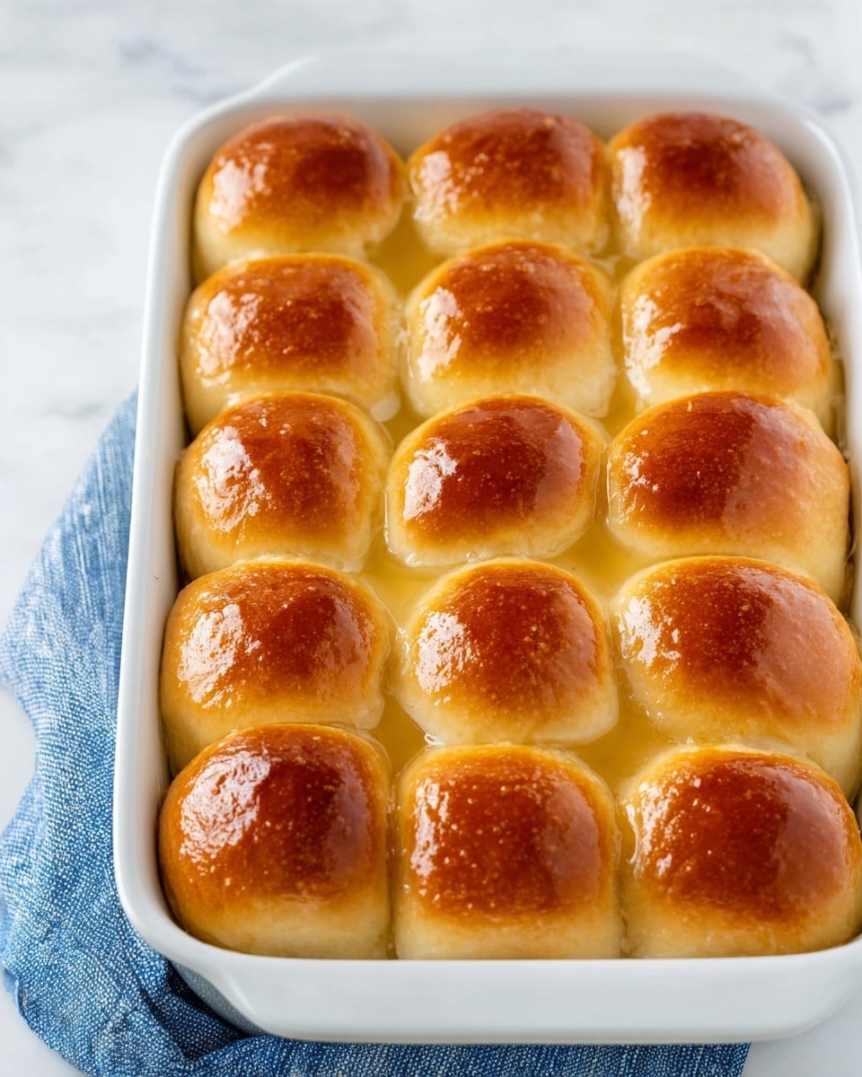 A white baking dish holds 15 soft, fluffy dinner rolls arranged in a 3 by 5 grid. Each roll has a shiny, golden-brown top with a smooth, slightly rounded surface and a light, creamy side where the rolls touch each other. The rolls fill the dish completely, showing their soft texture and a light sheen of glaze that reflects light. The dish sits on top of a blue and white striped cloth on a white marbled surface. photo taken with an iphone --ar 4:5 --v 7