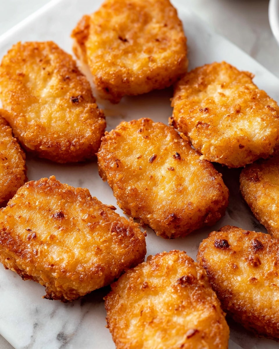 The image shows several crispy golden brown chicken nuggets close together on a white marbled surface. Each nugget has a rough, crunchy texture with small darker brown spots, showing they are fried. The nuggets vary slightly in shape but are mostly oval or round, with a rich warm color that makes them look freshly cooked and delicious. The surface under the nuggets is smooth with gentle light reflections highlighting their crunchy coating. photo taken with an iphone --ar 4:5 --v 7