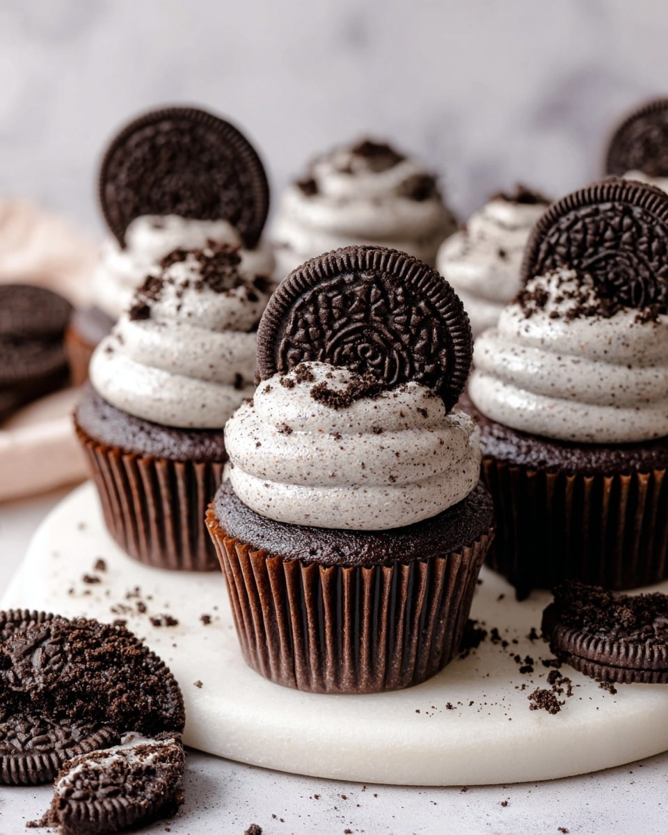 The image shows multiple chocolate cupcakes placed on a white round board with a white marbled background. Each cupcake has two thick, swirled layers of light grey cream with dark cookie crumbs mixed in, sitting atop the dark brown cupcake base wrapped in a dark brown liner. On top of the cream, a whole chocolate sandwich cookie with a detailed embossed pattern is standing upright, with additional cookie crumbs sprinkled around it. Some broken sandwich cookies and crumbs are scattered around the cupcakes on the surface. Photo taken with an iphone --ar 4:5 --v 7
