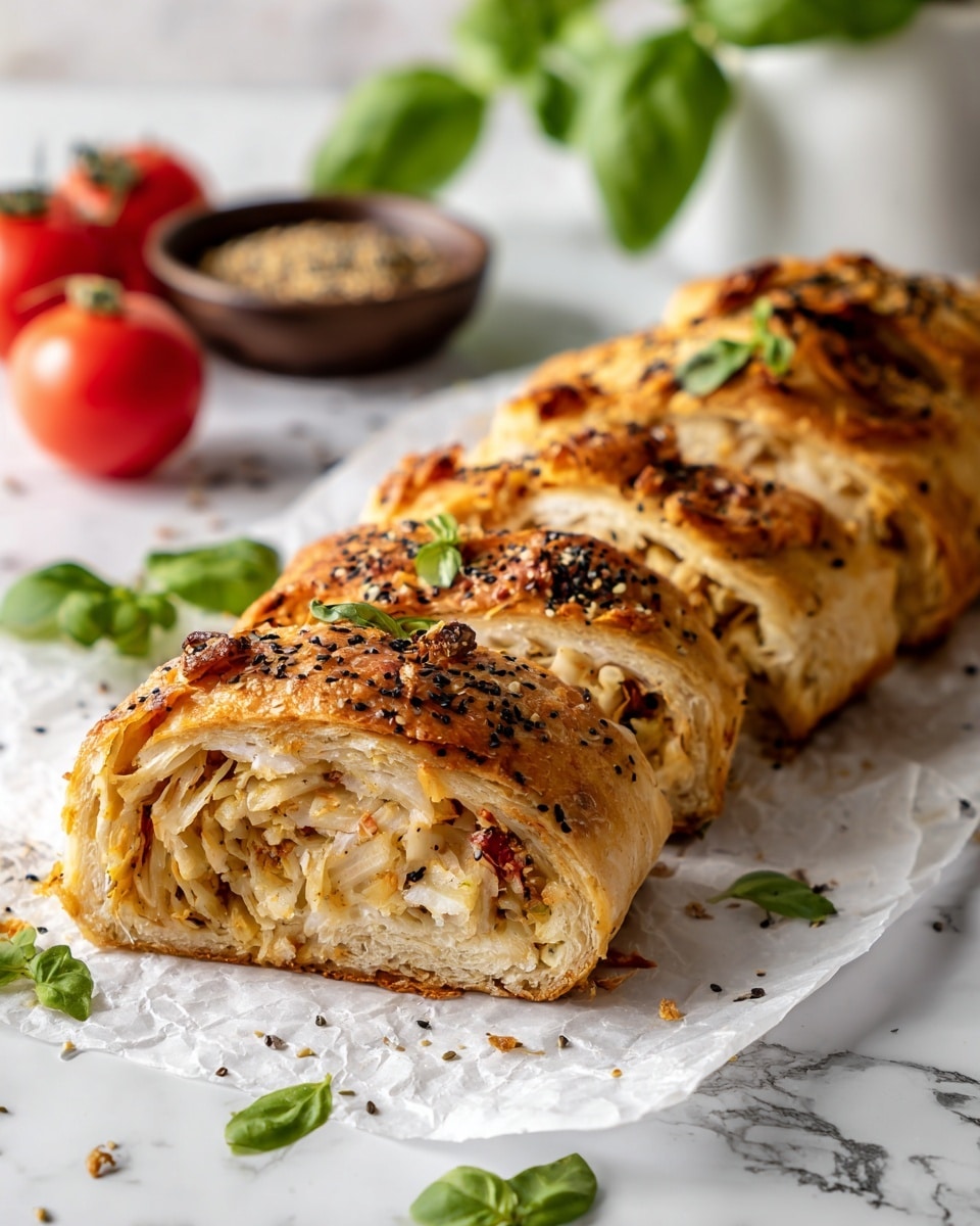 A close-up view of four golden brown rolls, cut into thick slices and placed in a row on white baking paper. Each roll shows layers of soft, flaky pastry filled with a mixture of finely shredded light beige cabbage and small bits of red pepper. The top of the roll is sprinkled with small black seeds, adding texture. There are fresh green basil leaves scattered around the rolls. In the background, slightly out of focus, are a small dark brown bowl filled with seeds and some whole red tomatoes on a white marbled surface. Photo taken with an iphone --ar 4:5 --v 7