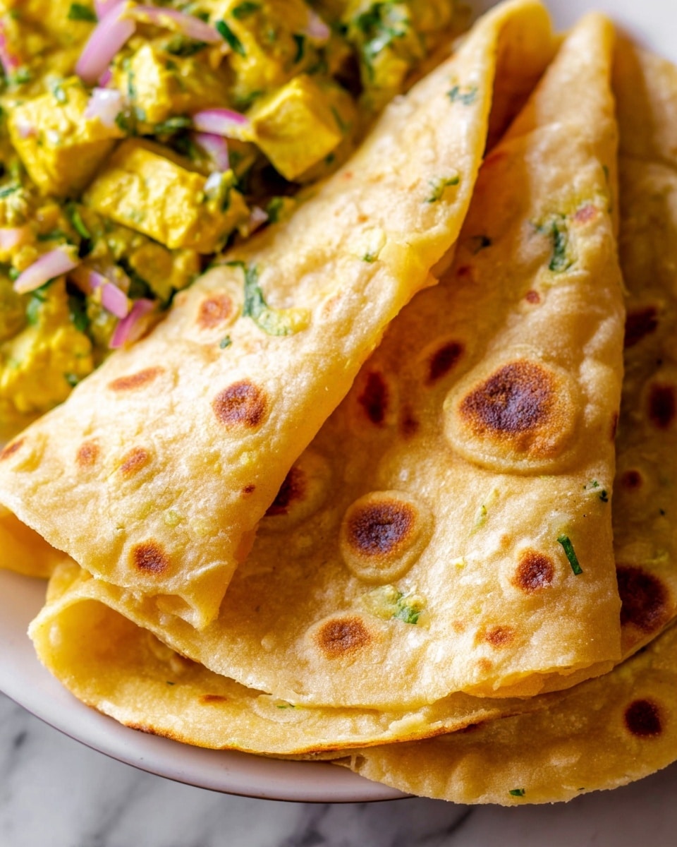 The image shows three folded light golden brown flatbreads with soft textures and small darker brown spots, stacked closely on a white plate. On the side of the plate, there is a creamy yellow curry with small chunks of paneer cubes mixed with chopped green herbs and bits of red onion, adding a colorful contrast. The dish is set against a white marbled background. photo taken with an iphone --ar 4:5 --v 7