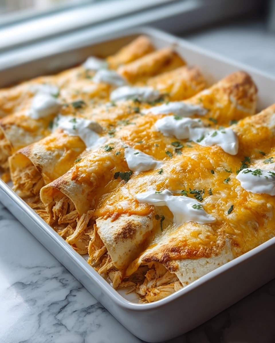 A white rectangular dish holds six rolled tortillas filled with shredded chicken that is light brown with a soft texture. Each tortilla is tightly wrapped and browned on the edges. On top, there is a melted layer of golden and light orange cheese that covers the entire row of tortillas, with dollops of white sour cream scattered evenly on the cheese. The dish sits on a white marbled surface, and soft natural light comes from the background window. Photo taken with an iphone --ar 4:5 --v 7