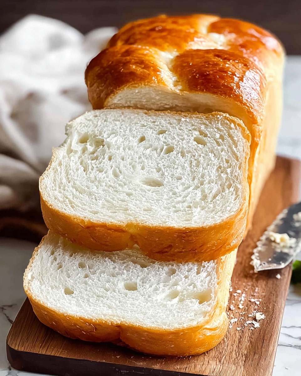 The image shows three thick slices of white bread stacked on a wooden board, with a golden-brown shiny crust on the top and soft, airy white inside with small holes spread throughout. The texture looks soft and light, and the bread has a gentle shine from a glaze on the crust. Next to the board, there is a serrated knife partly visible with slight crumbs around. The background and surface show a white marbled texture with a blurred white cloth or napkin in the corner. Photo taken with an iphone --ar 4:5 --v 7