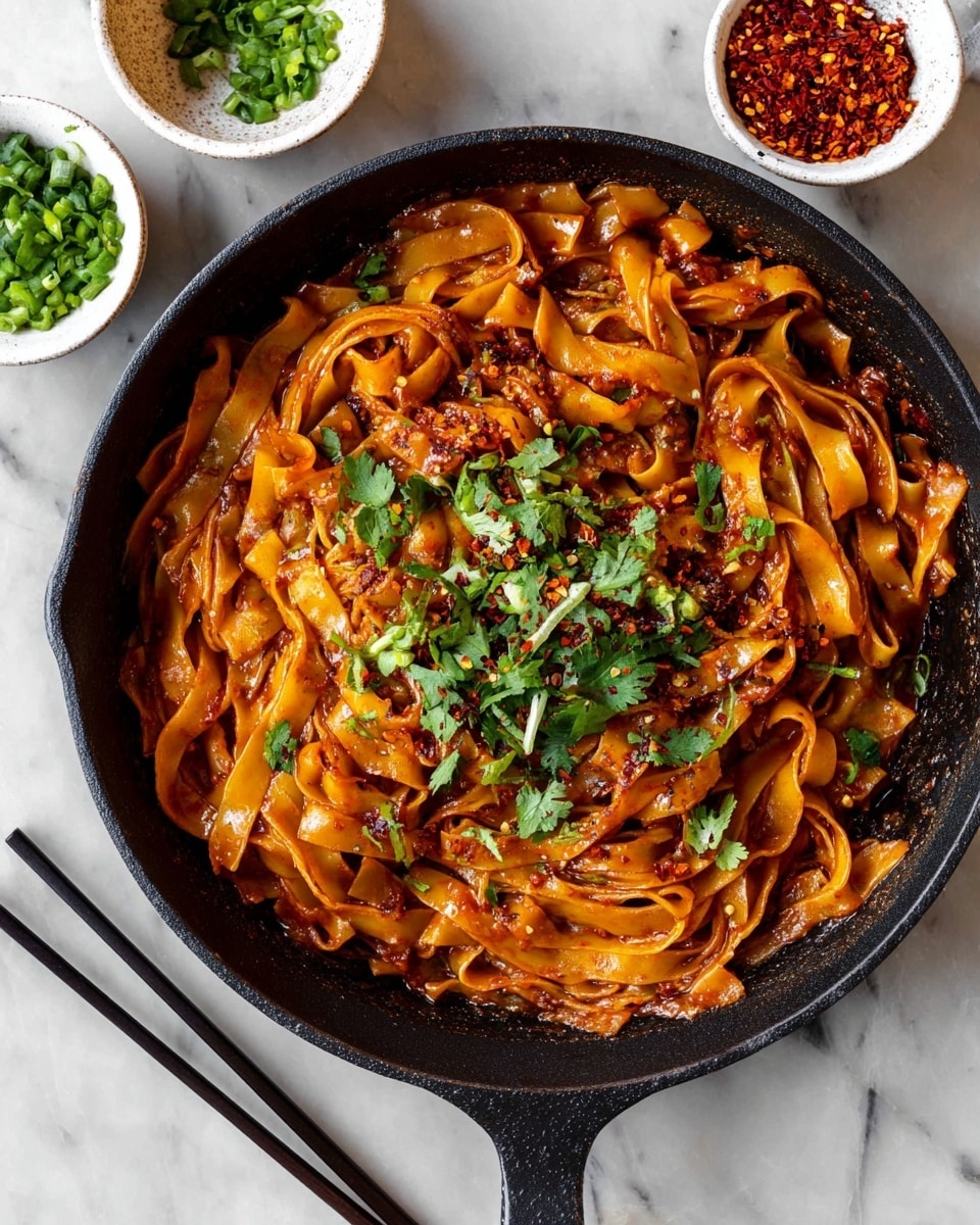 The image shows a black cast iron pan filled with thick, flat noodles coated in a rich, reddish-brown sauce. The noodles are mixed well and have a glossy texture from the sauce. On top, there is a sprinkle of fresh green herbs, mostly chopped cilantro, along with small pieces of red chili flakes scattered throughout the dish. Around the pan, there are two small white bowls, one with chopped green herbs and the other with red chili flakes. Black chopsticks rest on the white marbled surface next to the pan. Photo taken with an iphone --ar 4:5 --v 7