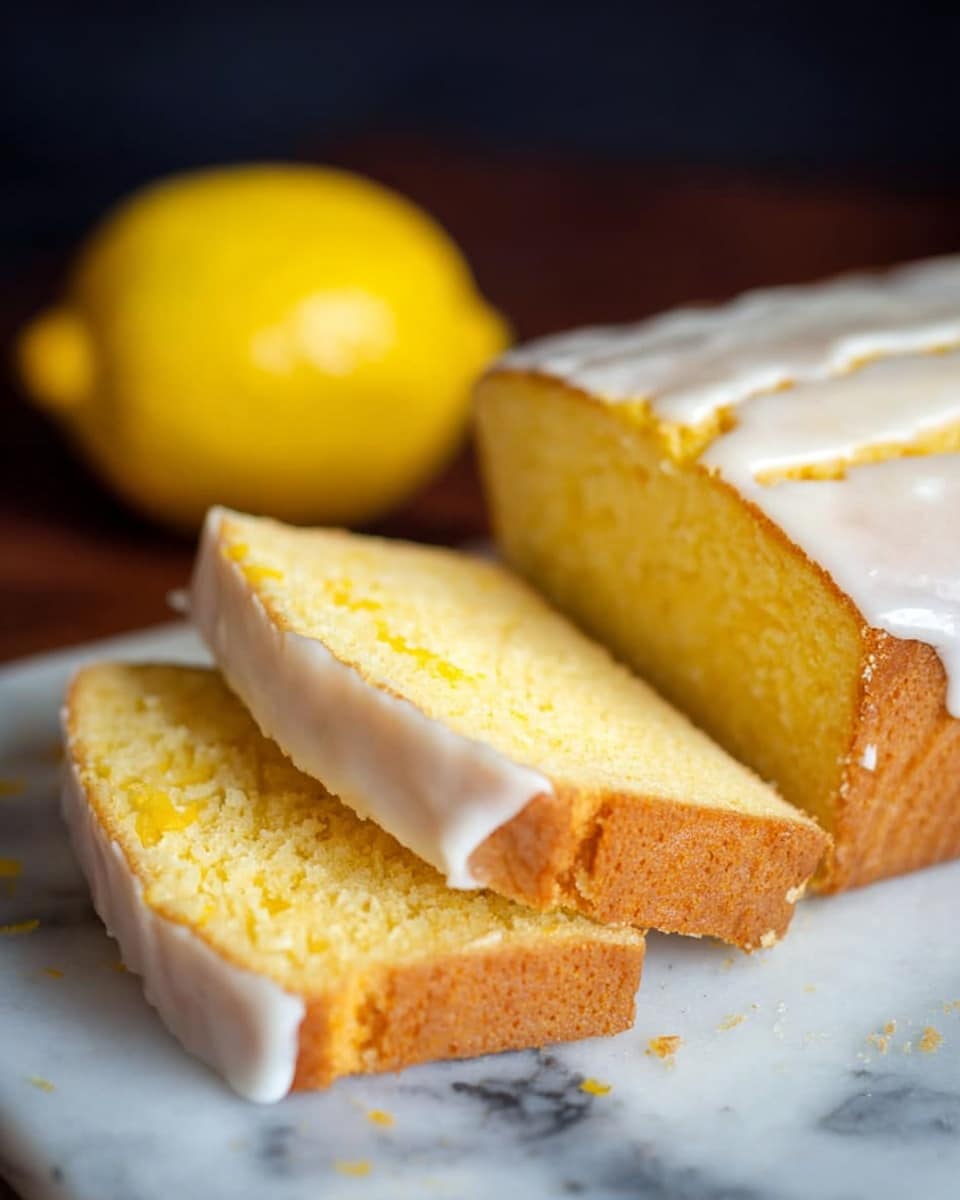 The image shows a yellow cake with a white glaze on top, placed on a white marbled surface. The cake is sliced into three pieces lying flat in the front left, revealing its soft, moist texture inside that is bright yellow. The thicker unsliced part of the cake is to the right, with the white glaze smoothly covering the top unevenly. A shiny whole lemon sits behind the slices, providing a fresh, bright yellow contrast. The background is dark, making the cake and lemon stand out clearly. Photo taken with an iphone --ar 4:5 --v 7