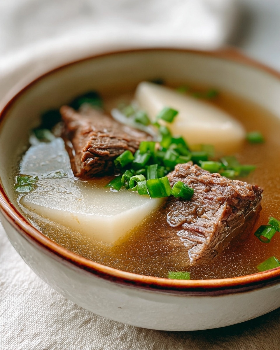 A close-up view of a bowl filled with broth that is light brown and clear, containing two large pieces of tender brown beef resting near the surface. There are two thick chunks of white radish partly submerged in the broth, and a handful of bright green chopped scallions sprinkled on top in the center. The bowl is white with a brown rim and rests on a light cloth, set against a white marbled texture background. photo taken with an iphone --ar 4:5 --v 7