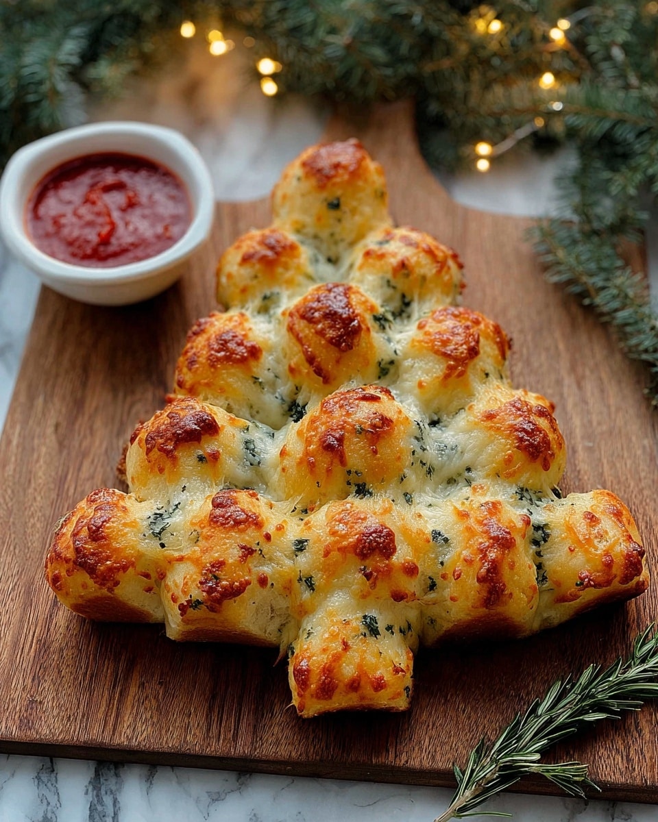 The image shows a Christmas tree-shaped pull-apart bread made of small, golden-brown dough balls with melted, slightly browned cheese on top, speckled with green herbs evenly spread through the dough. The bread sits on a wooden board with visible wood grain texture. To the left, there is a small white bowl filled with smooth red marinara sauce, and to the right, a sprig of rosemary lies on the board. In the background, some green pine branches and warm fairy lights create a cozy holiday feel. The photo is taken on a white marbled surface. photo taken with an iphone --ar 4:5 --v 7