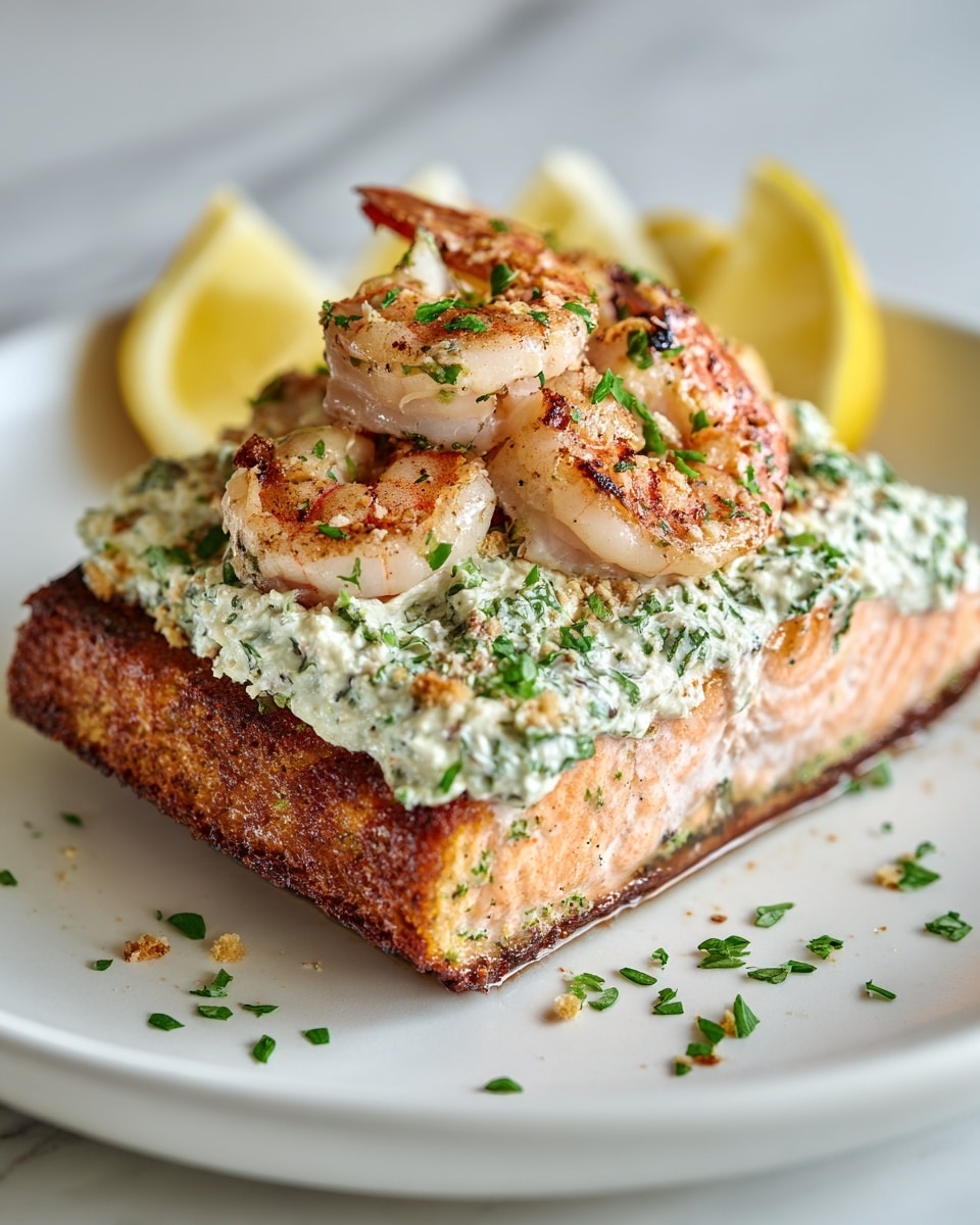 The image shows a white plate on a white marbled surface holding a piece of cooked salmon with a golden brown crust on top as the bottom layer. On top of the salmon, there is a thick creamy mixture with green herbs, which forms the second layer. Small pink grilled shrimp with light char marks rest as the third layer on the creamy mixture. Garnished with chopped green herbs and three lemon wedges placed at the back of the plate, the dish has a rich, textured, and colorful look. photo taken with an iphone --ar 4:5 --v 7