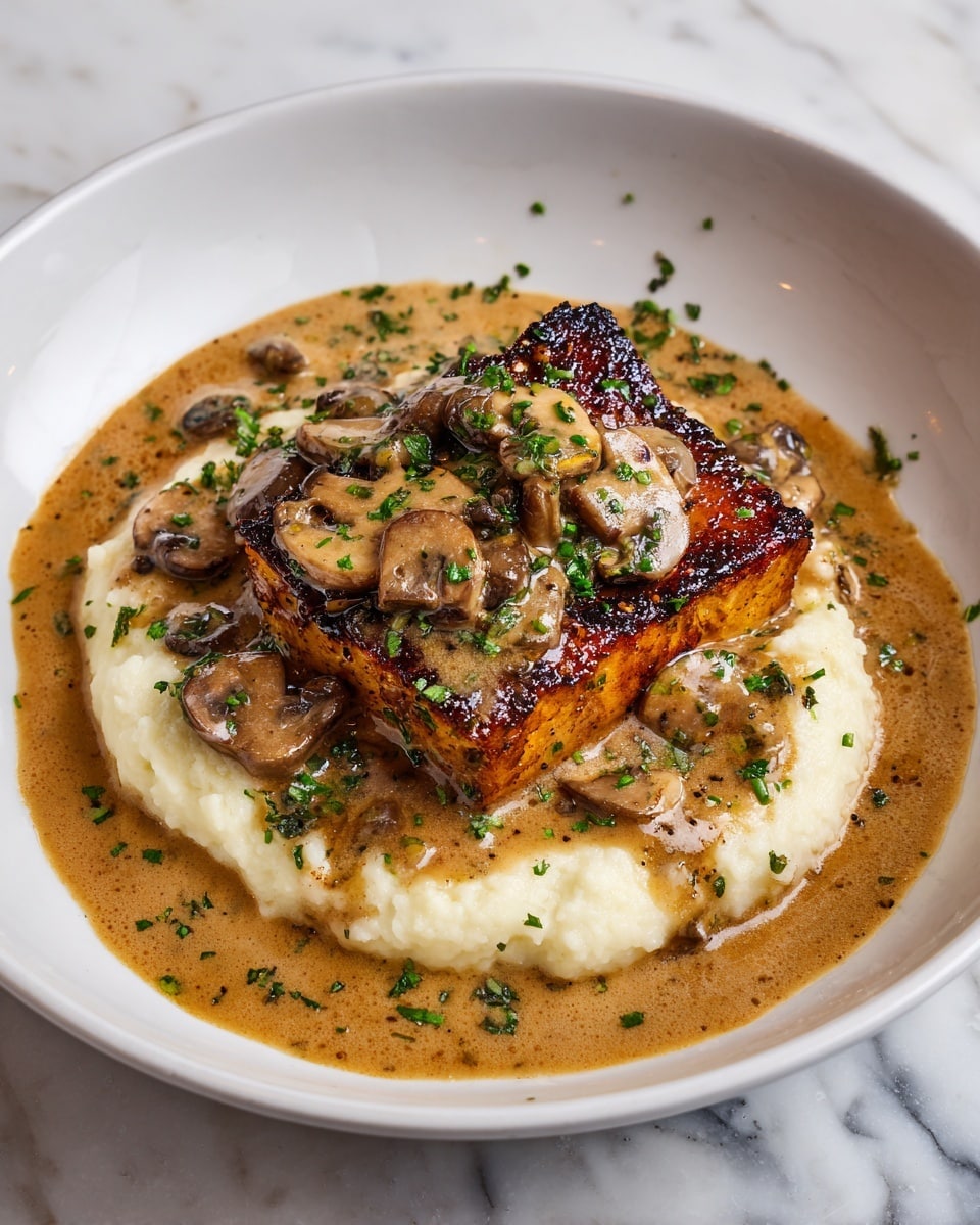 A white bowl holds a plate of creamy white mashed potatoes as the base layer, topped with a thick, golden-brown piece of grilled meat that shows a crispy, charred texture on its edges. The meat is covered with a rich, creamy brown sauce that has visible small mushroom pieces and is garnished with finely chopped green herbs scattered on top and around the dish. The sauce also pools around the mashed potatoes, creating a smooth and slightly glossy look. The dish sits on a surface with white marbled texture. photo taken with an iphone --ar 4:5 --v 7