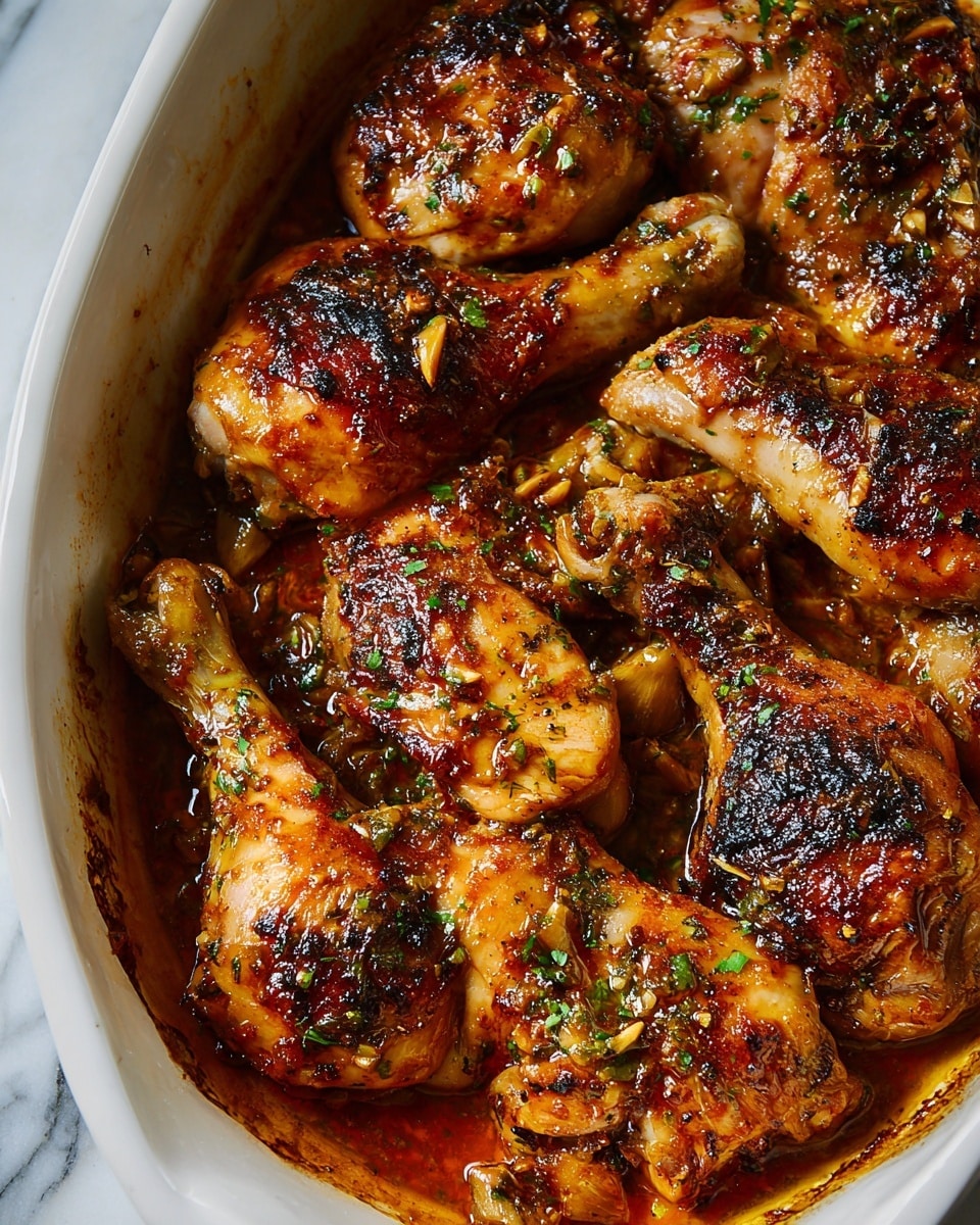 A white rectangular baking dish filled with six large pieces of browned roasted chicken with a crispy skin, soaked in a rich, orange-brown sauce with visible bits of cooked onions scattered on top and around the chicken. The edges of the baking dish show some baked-on sauce residue, adding a rustic look. The top layer is the golden-brown chicken skin, beneath it are juicy meat pieces, all covered partially by a glossy, slightly thick sauce. The dish is placed on a white marbled surface with a glimpse of a cloth in the background. photo taken with an iphone --ar 4:5 --v 7