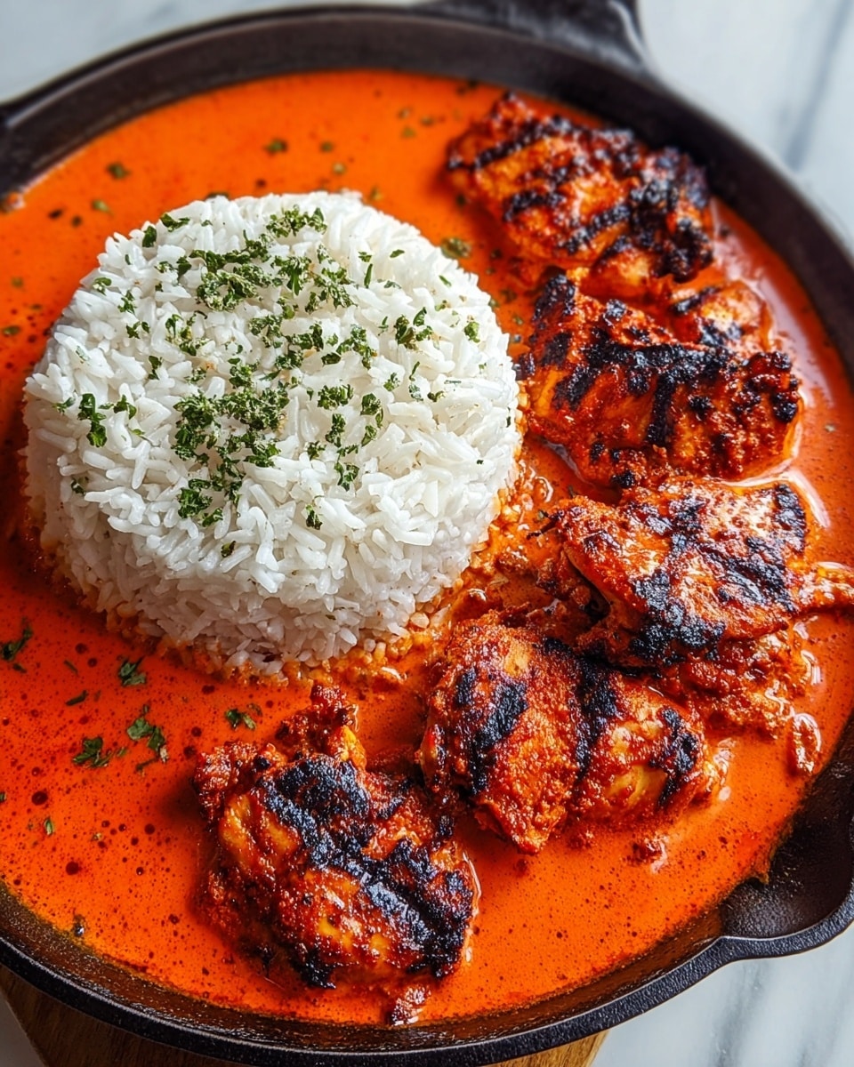 The image shows three pieces of grilled chicken with a crispy, dark golden brown skin sitting in a bright red, oily sauce spread evenly inside a round black pan. The chicken pieces have a slightly charred texture with visible spices on the surface. To the left side of the pan, there is a dome-shaped mound of white rice, with grains separated and fluffy, positioned next to the chicken and sauce. The pan rests on a white plate, placed on a white marbled surface in soft natural light. photo taken with an iphone --ar 4:5 --v 7
