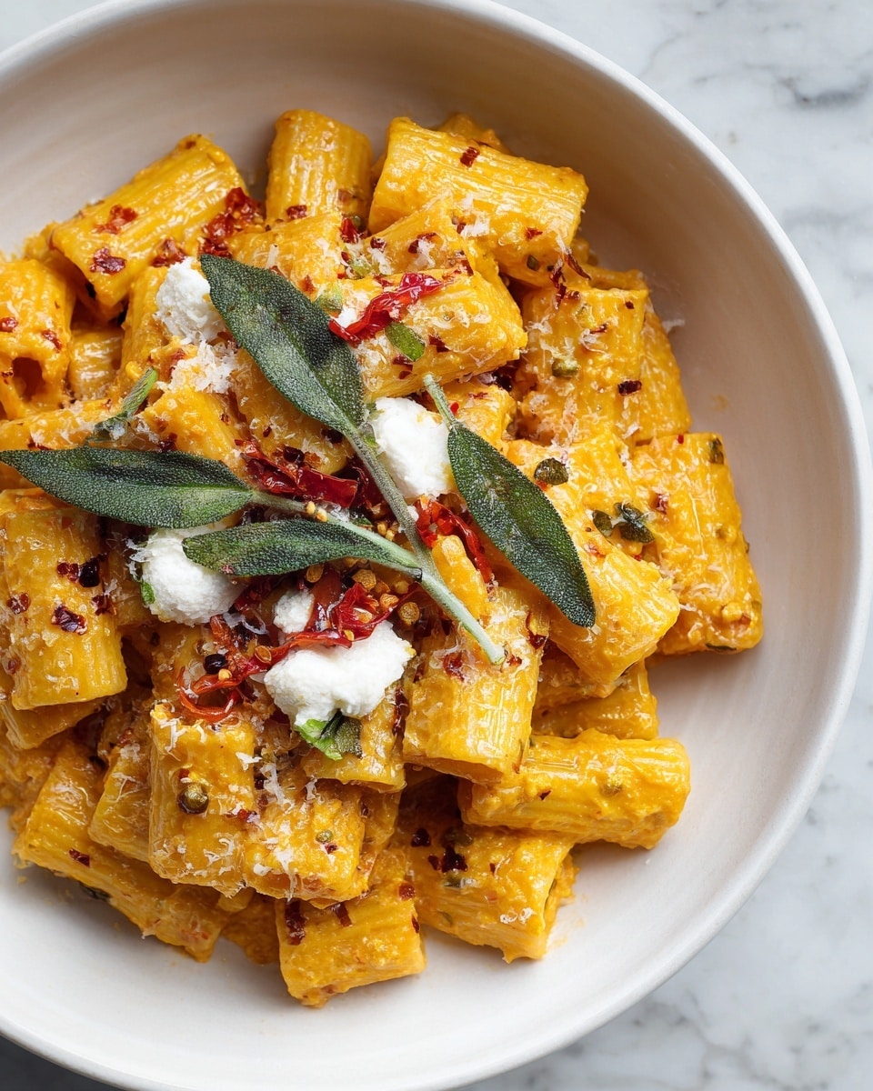 A white bowl filled with rigatoni pasta coated in an orange-yellow sauce and scattered with small browned spots. On top, there are several fresh green sage leaves, white dollops of creamy cheese, and finely grated white cheese sprinkled all over. There are also small red chili flakes and bits of green herbs mixed throughout. The bowl is placed on a white marbled surface, showing a close-up view of the colorful and textured dish. photo taken with an iphone --ar 4:5 --v 7