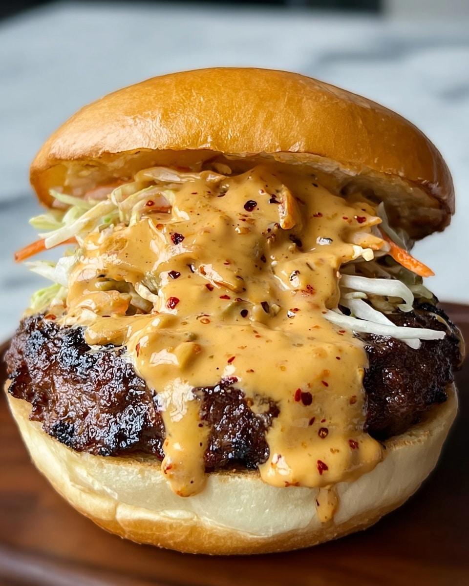 A close-up view of a burger on a white bun with a slightly toasted bottom layer, topped with a thick, juicy beef patty with charred edges. On top of the patty, there is a colorful layer of shredded vegetables, mainly white and orange. Covering all layers is a thick, rich, and creamy sauce with a light orange color, speckled with black and red spices, dripping down the sides. The background shows a white marbled texture. photo taken with an iphone --ar 4:5 --v 7