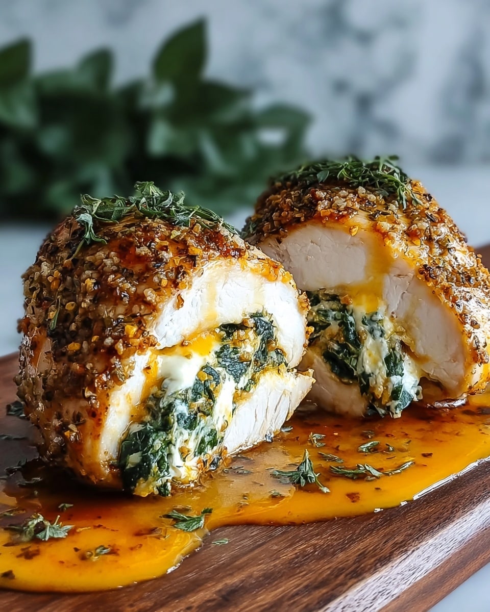 Two stuffed chicken breasts are cut in half, showing three layers inside: a white cooked chicken outer layer, a creamy white and green spinach and cheese filling with some yellow melted cheese mixed in, and a dark green sprinkle of fresh herbs on top. The chicken has a golden brown crust with a grainy texture from spices and herbs. The two halves sit next to each other on a wooden board with some orange sauce spreading underneath. In the background, blurry dark green leaves add contrast, set on a white marbled texture. Photo taken with an iphone --ar 4:5 --v 7