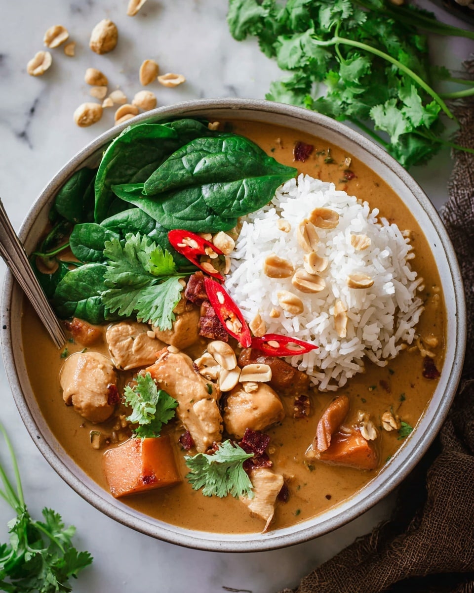 A white bowl holds a rich, creamy brown peanut soup filled with light brown chicken pieces and chunks of reddish-brown sweet potato, garnished with bright red chili slices and scattered golden peanuts. On one side of the bowl, there is a neat mound of fluffy white rice topped with more peanuts and a few cilantro leaves. Fresh, shiny green spinach leaves rest next to the rice, adding a fresh contrast. The bowl sits on a white marbled surface, with some cilantro sprigs around it and a small pile of peanuts nearby. A metal spoon dips into the soup, ready to serve. photo taken with an iphone --ar 4:5 --v 7