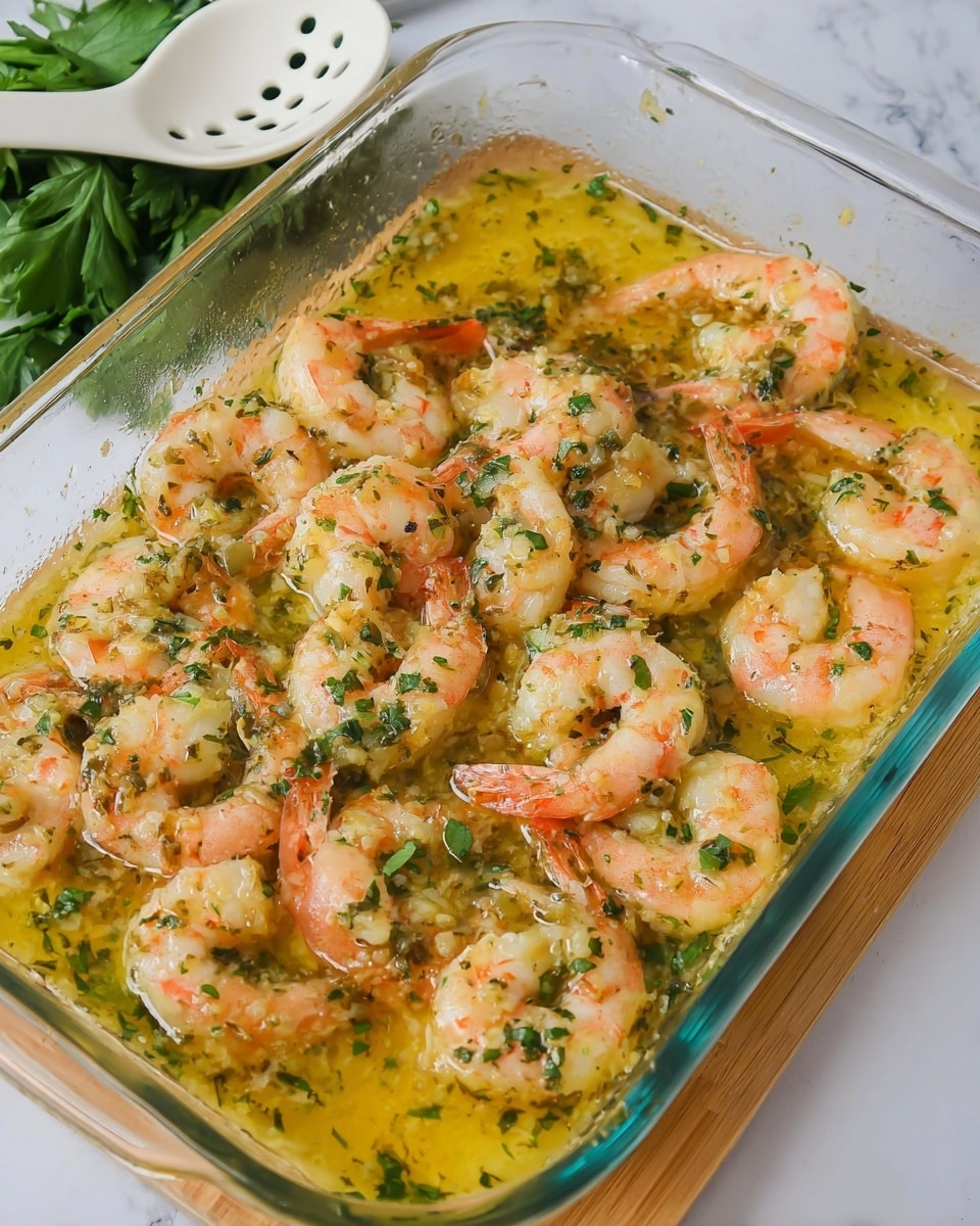 A white oval dish filled with a single layer of cooked shrimp that are pale pink and white with a soft, plump texture, coated in a light golden buttery sauce mixed with small bits of green herbs scattered on top, sitting on a white marbled surface with a side of tortillas visible in the background, the shrimp arranged casually but closely together, showing a glossy and moist look. photo taken with an iphone --ar 4:5 --v 7