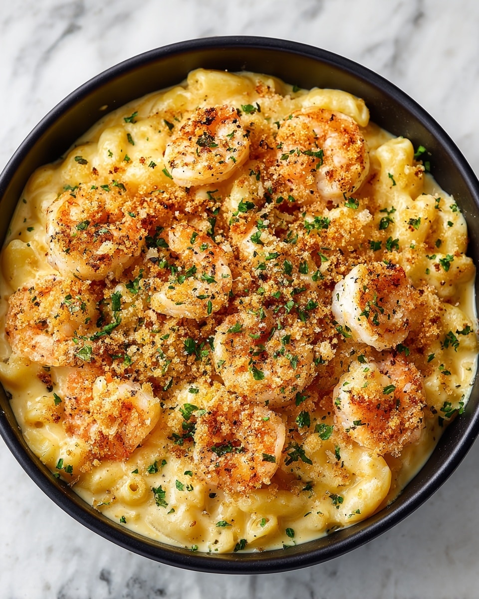 A black round pan filled with creamy yellow pasta as the base layer, coated in a rich cheese sauce with a smooth texture; on top, medium-sized cooked shrimp with a bright orange and white color are spread evenly across the dish; sprinkle of finely chopped green herbs scattered over the shrimp and pasta; the surface is dusted with browned breadcrumbs and black pepper, adding a textured, crispy layer that contrasts with the creamy sauce; the pan is set against a white marbled textured background. photo taken with an iphone --ar 4:5 --v 7