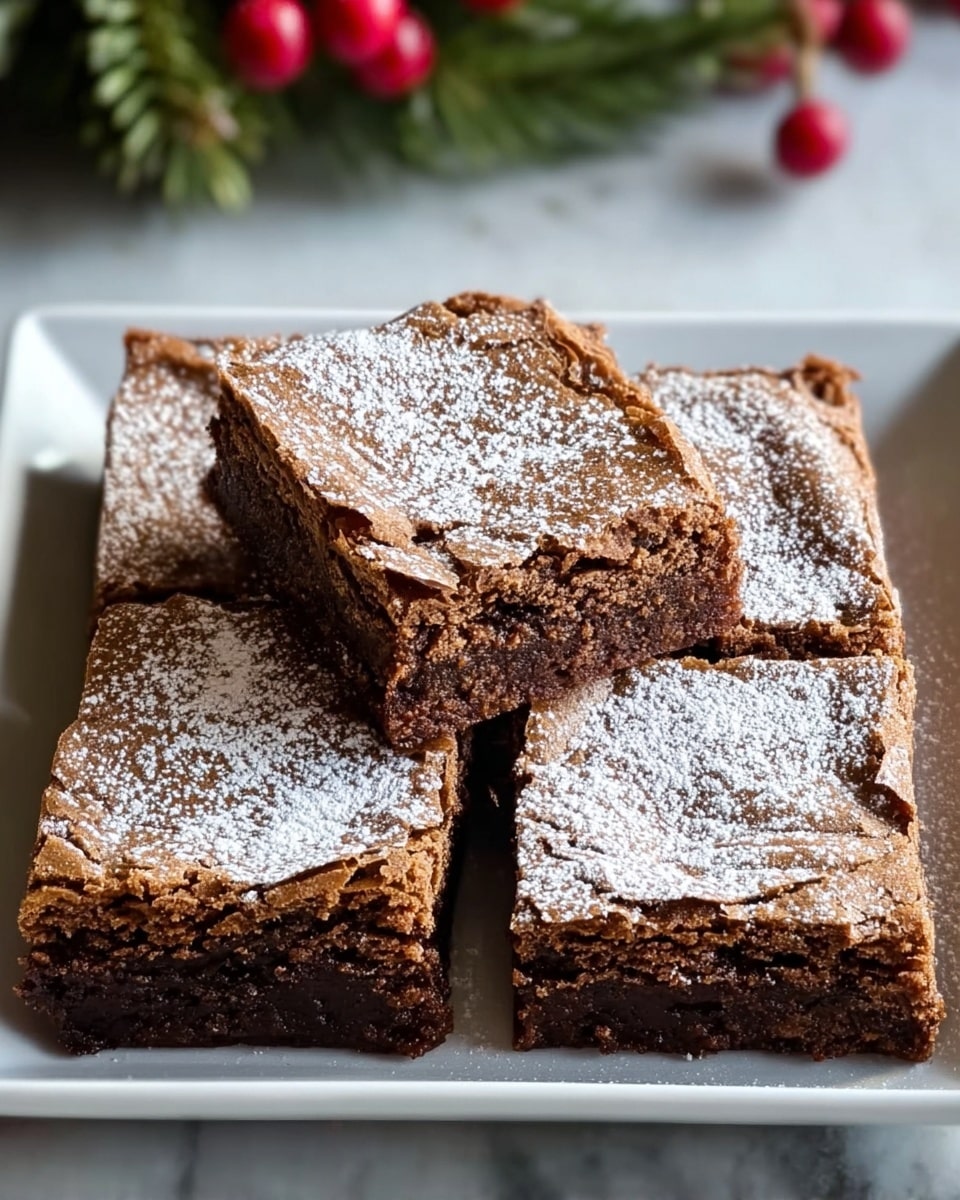 A white square plate holds four large square brownies tightly placed together, each brownie topped with a light dusting of powdered sugar. The brownies have a cracked, golden-brown crust that looks slightly crisp, with darker, moist chocolate edges visible around the sides. The surface shows uneven textures with some parts looking smooth while others have rougher flakes. The plate sits on a white marbled background with a blurred background showing a hint of festive greenery and red berries. photo taken with an iphone --ar 4:5 --v 7