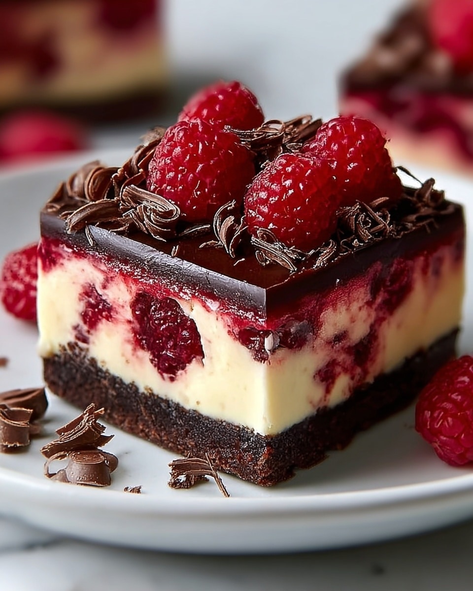 A close-up image of a dessert square with four distinct layers on a white plate atop a white marbled surface. The bottom layer is a dark chocolate crust with a firm texture. Above that is a bright red raspberry layer, filled with whole raspberries mixed into a thick, slightly glossy filling. The third layer is creamy and off-white with a smooth texture, showing swirls of the raspberry filling blending into it. The top layer is a shiny dark chocolate glaze, decorated with whole fresh red raspberries and tight curls of dark chocolate scattered on top and around the plate. photo taken with an iphone --ar 4:5 --v 7