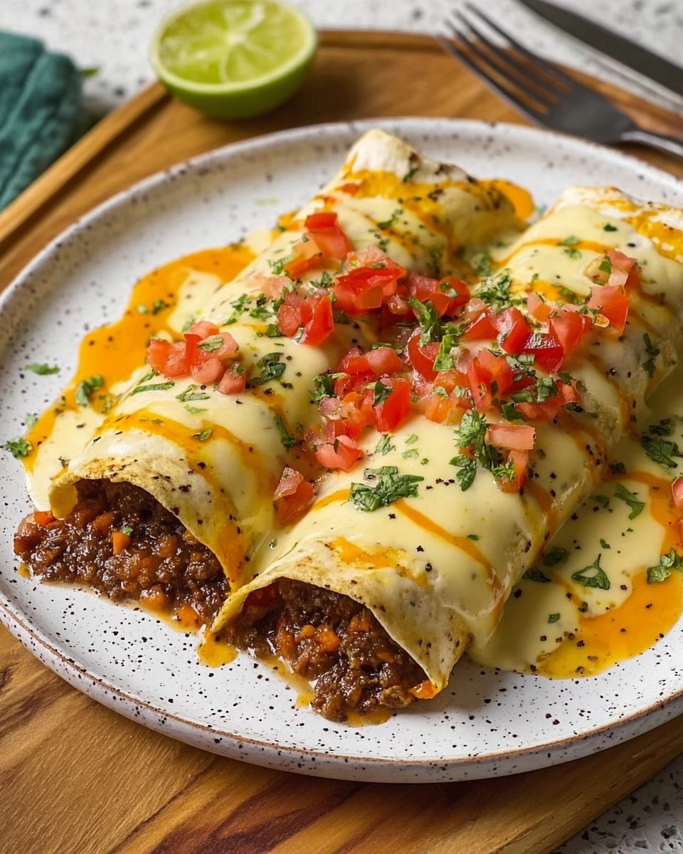 Two rolled enchiladas filled with a dark brown meat mixture including small bits of orange carrots, placed side by side on a white plate with a speckled rim. The enchiladas are covered with a thick, creamy pale yellow sauce, speckled with black pepper, and topped with an orange oily sauce. Small diced red tomatoes and green chopped herbs are sprinkled over the top and around the plate. The plate sits on a wooden board with half a lime and a white marbled textured background visible. Photo taken with an iphone --ar 4:5 --v 7