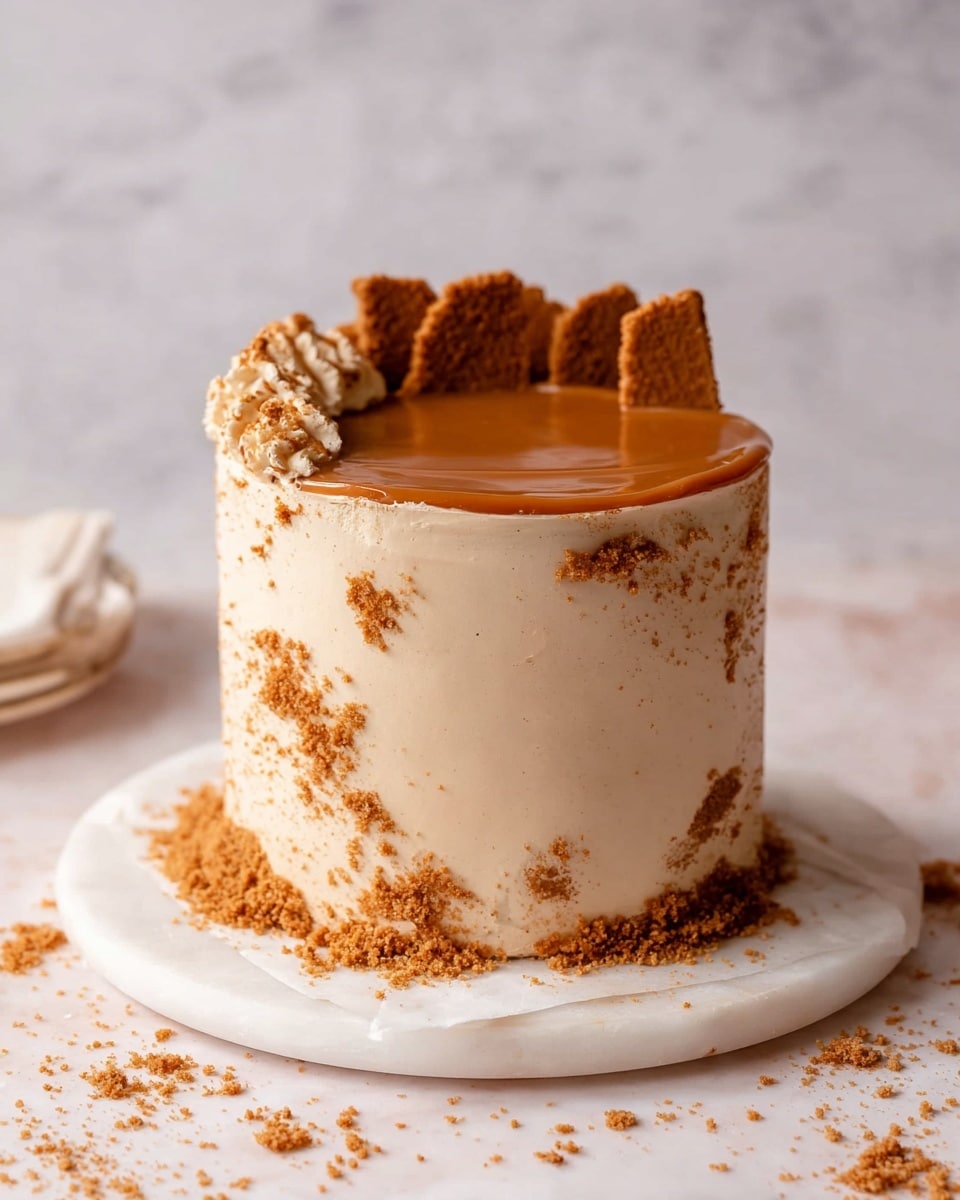 A tall, round cake with smooth light beige frosting covers all sides, sprinkled unevenly with crumbly pieces of brown biscuit, some stuck on the sides and more at the base. The top has a thick, flat layer of glossy caramel-colored topping, surrounded on one side by roughly broken pieces of the same brown biscuit arranged in a small cluster. The cake sits on white parchment paper on a round white marble board, with extra biscuit crumbs scattered lightly around. The background is a white marbled texture with soft lighting. photo taken with an iphone --ar 4:5 --v 7