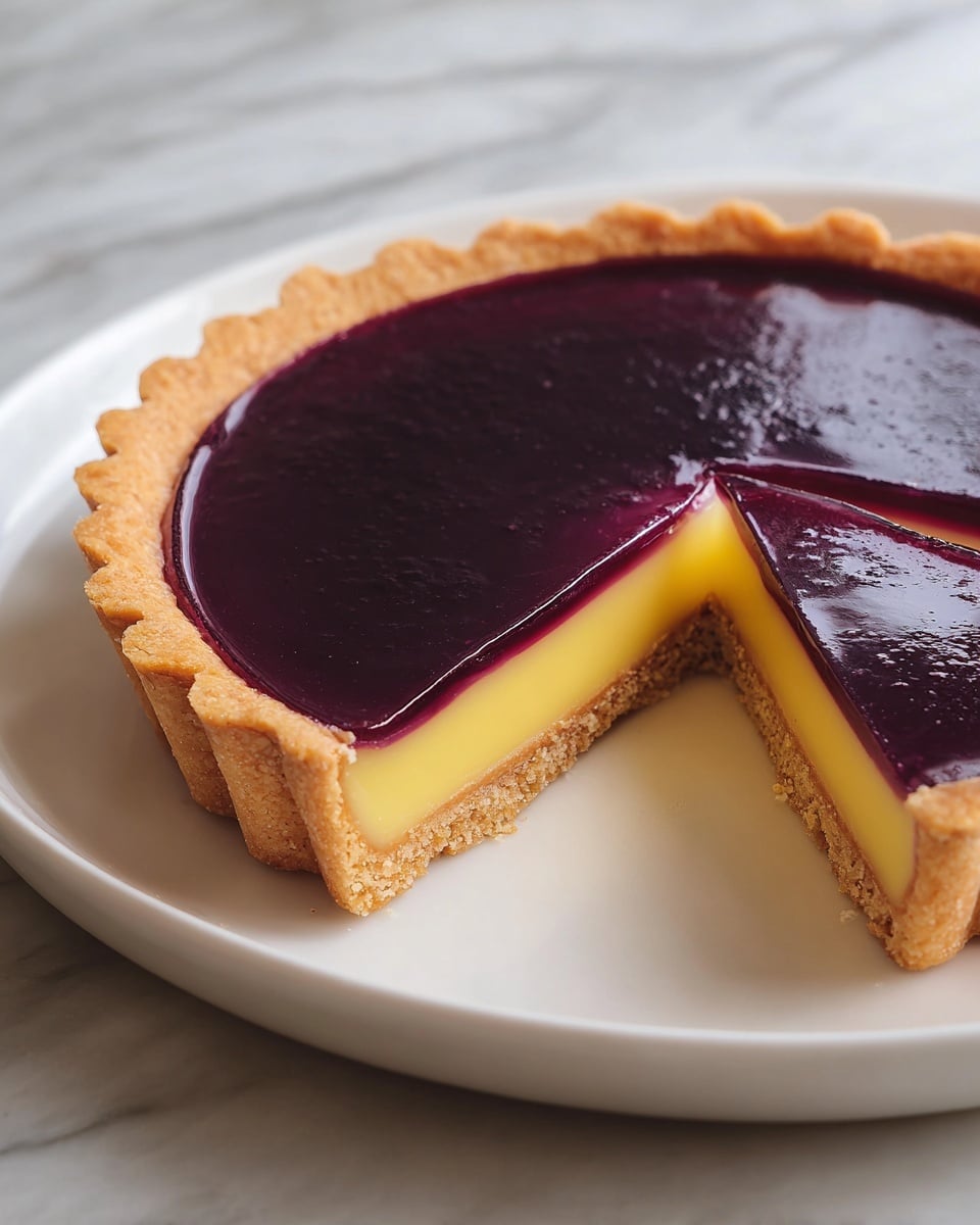 A tart with three clear layers is shown on a white plate. The bottom layer is a light brown, crumbly crust that edges up the sides in a scalloped pattern. Above that, there is a thick, smooth, bright yellow layer that looks creamy. The top layer is a glossy, dark purple jelly that also covers the top and edges slightly seep into the yellow layer, creating a soft border. One slice is cut and pulled out slightly to show the clean layers inside. The setting is on a white marbled surface. photo taken with an iphone --ar 4:5 --v 7