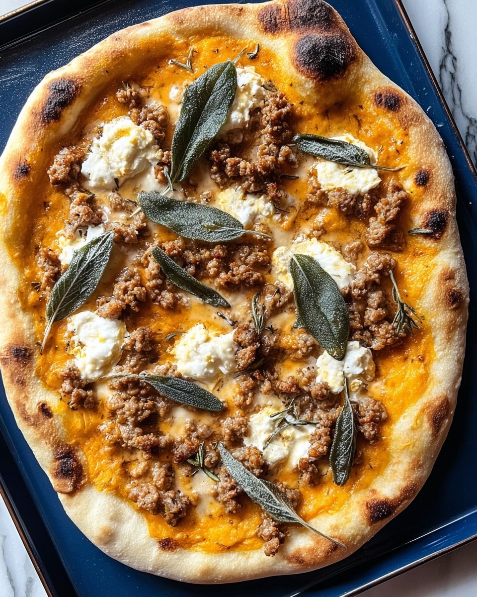 A rustic pizza with one layer of light golden-brown crust, slightly puffed and uneven around the edges with some charred spots. The second layer is an orange-colored sauce spread evenly over the dough. On top, crumbled cooked sausage pieces with a brown, slightly greasy texture are scattered generously. There are also dollops of white, creamy cheese placed in four spots, some with golden melting edges. The pizza is garnished with whole fresh sage leaves, dark green with a textured surface, spread across. The pizza is on a dark blue baking tray, and the background is a white marbled texture. photo taken with an iphone --ar 4:5 --v 7